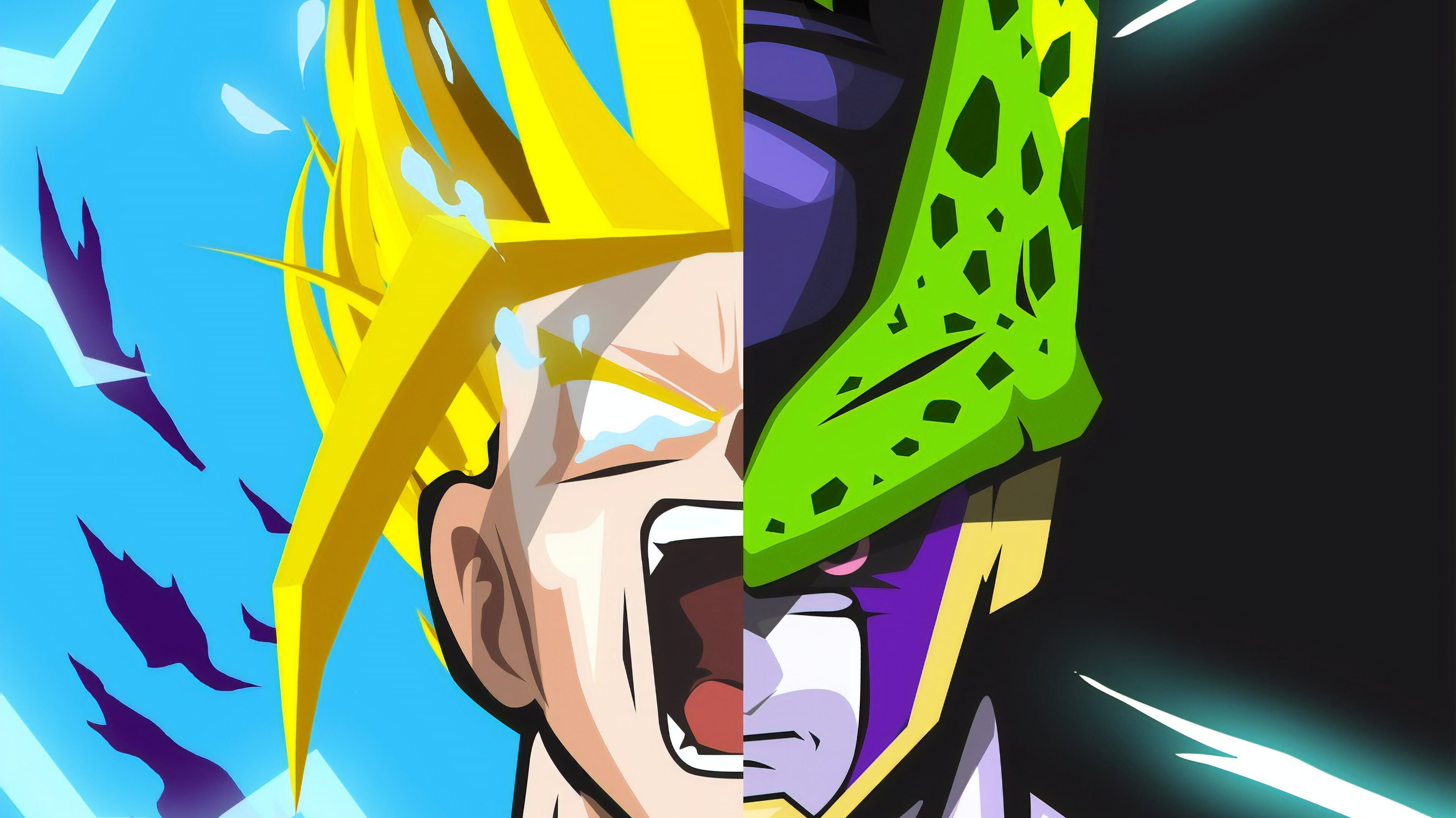 Goku, Cell, Super Saiyan, Split face-off, Dragon Ball Z, 4K Desktop wallpaper