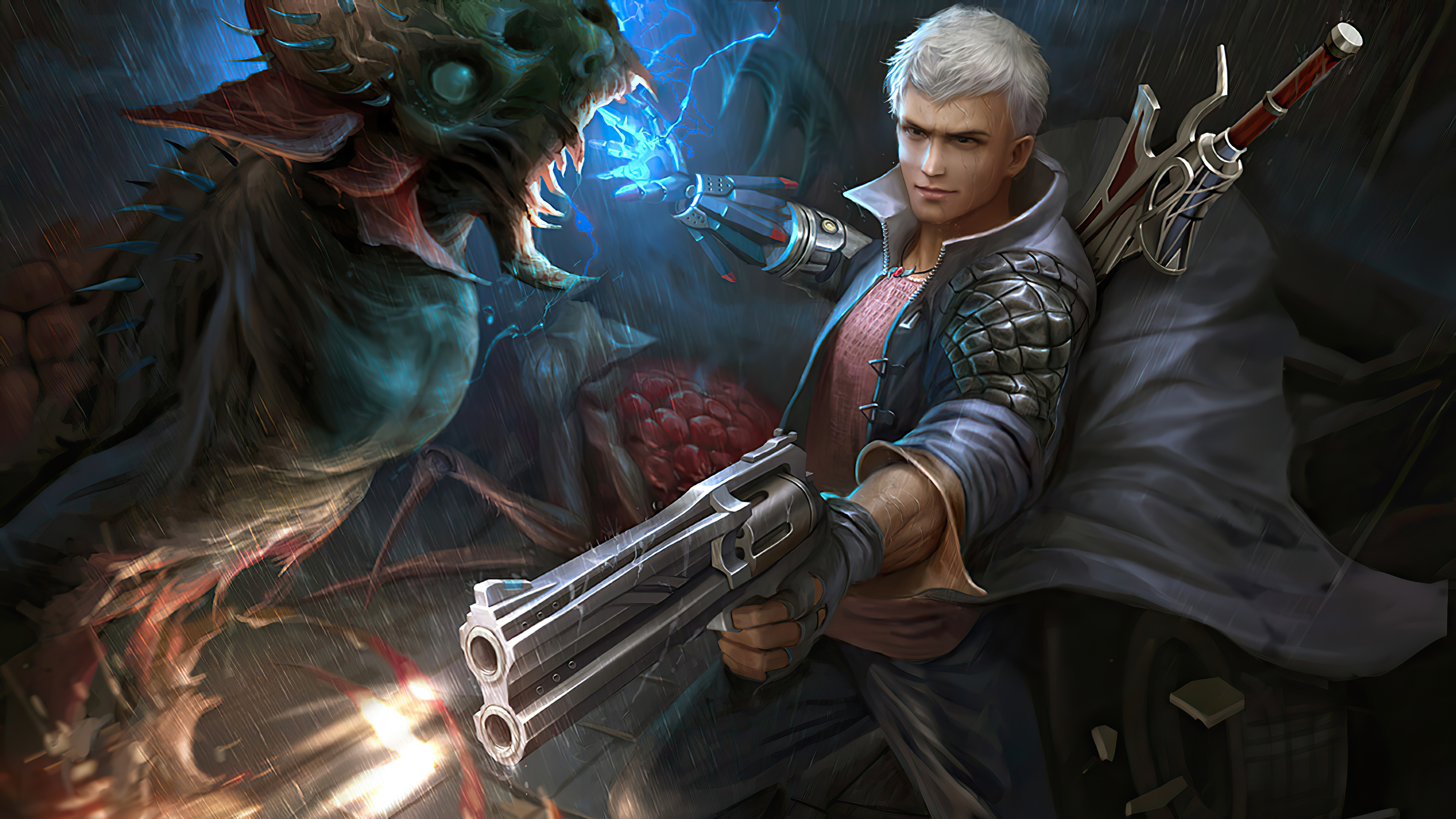 Nero, Blue Rose revolver, Empusa demon, Devil Breaker arm, 4K Desktop wallpaper