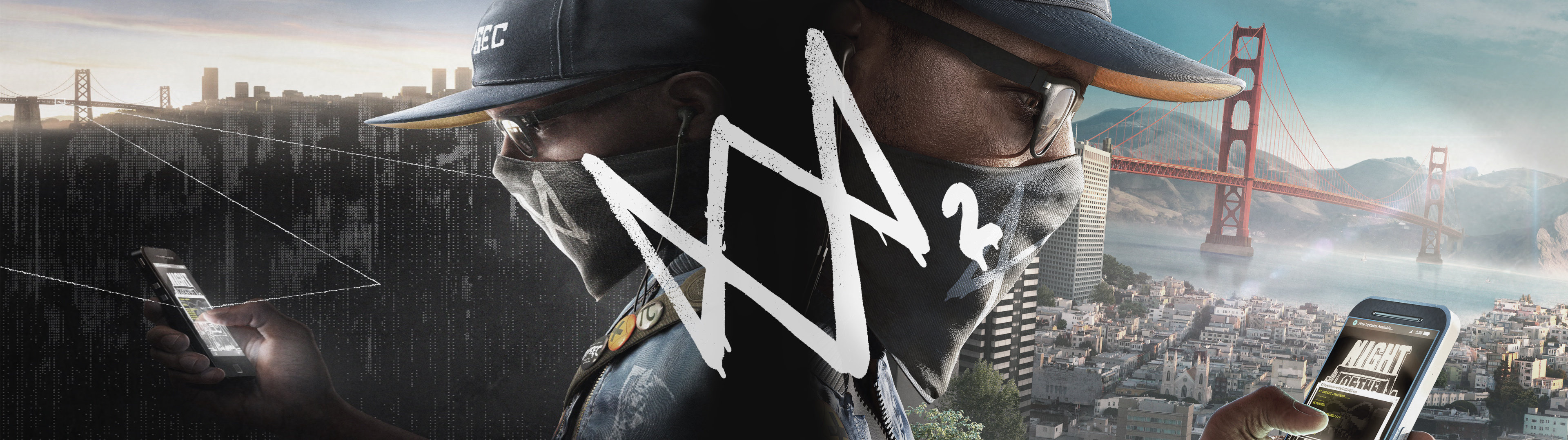 Marcus Holloway, Golden Gate Bridge, Watch Dogs 2 logo, Dual Screen Desktop wallpaper