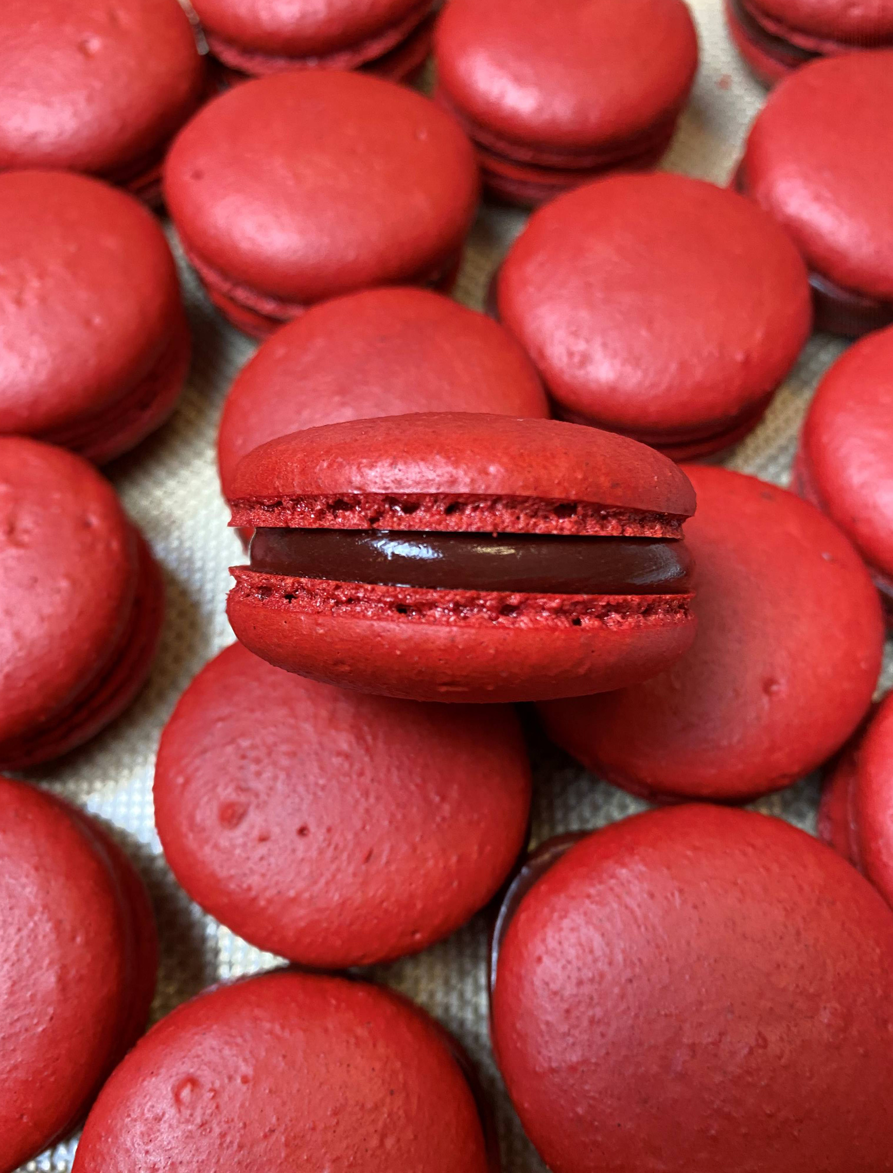 Crimson red velvet macarons, Rich and velvety, Festive dessert, Elegant indulgence, 1740x2280 HD Phone