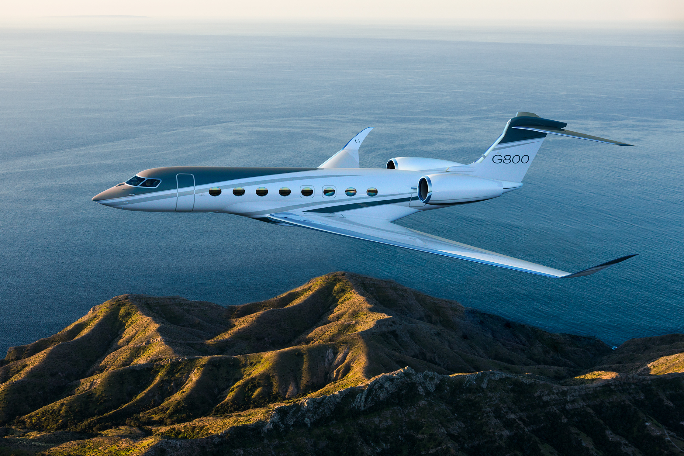Gulfstream G800 business jet, Coastal mountain ridge, Deep blue ocean, HD Desktop wallpaper