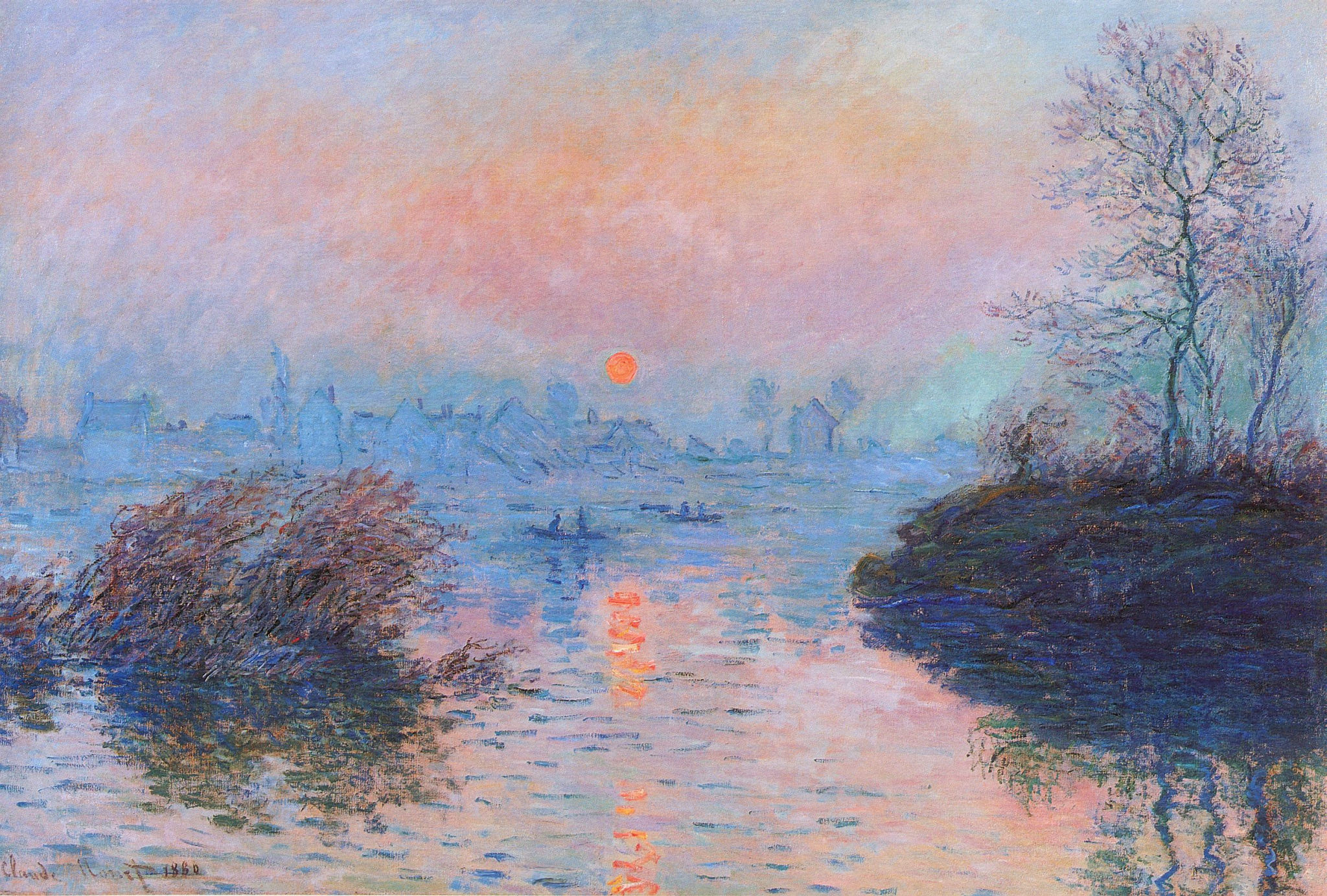 Sunset on the Seine at Lavacourt, Claude Monet 1880, orange setting sun reflection, HD Desktop wallpaper