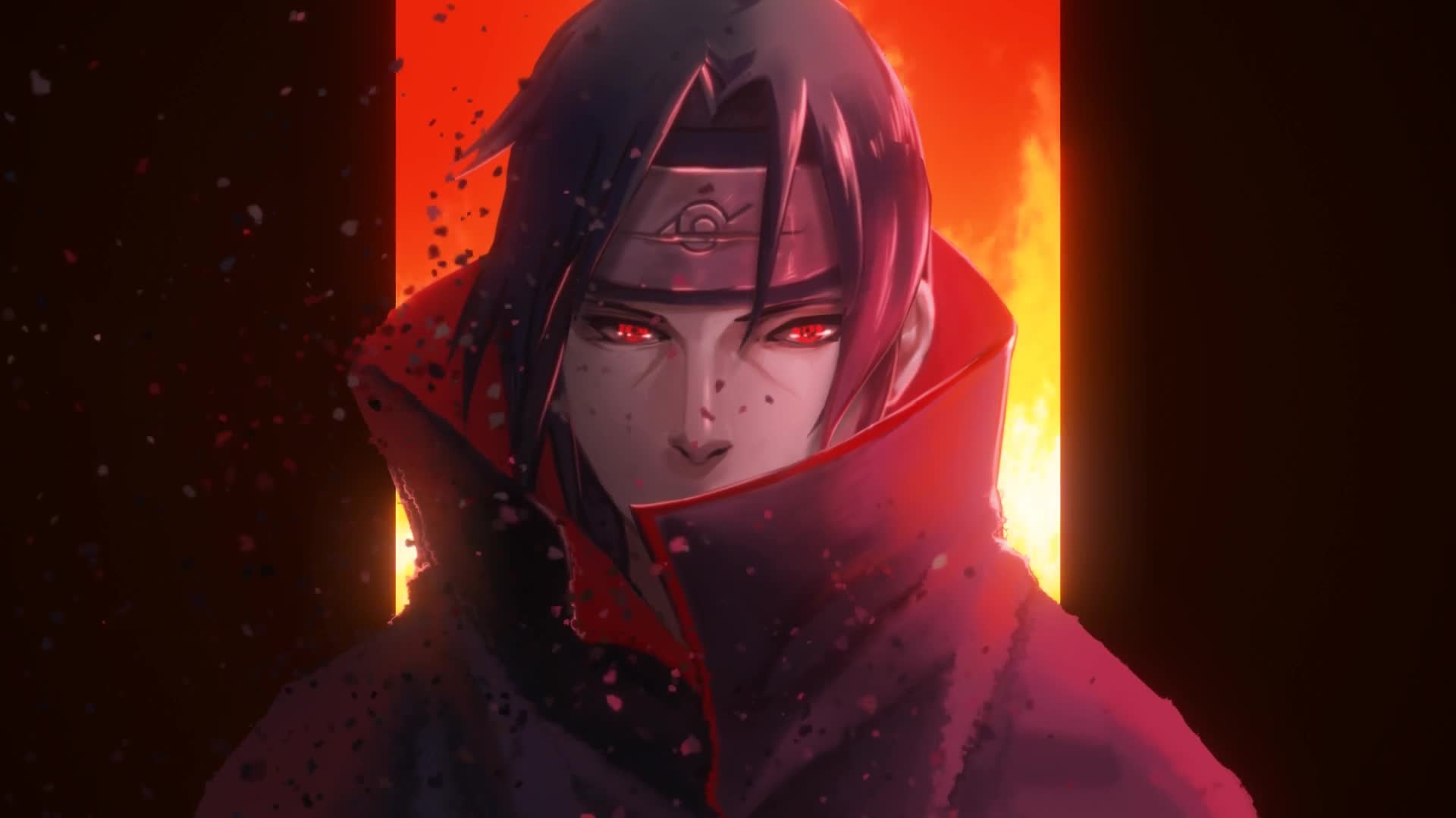 Itachi Uchiha, Sharingan eyes, Akatsuki high-collar cloak, Full HD Desktop wallpaper