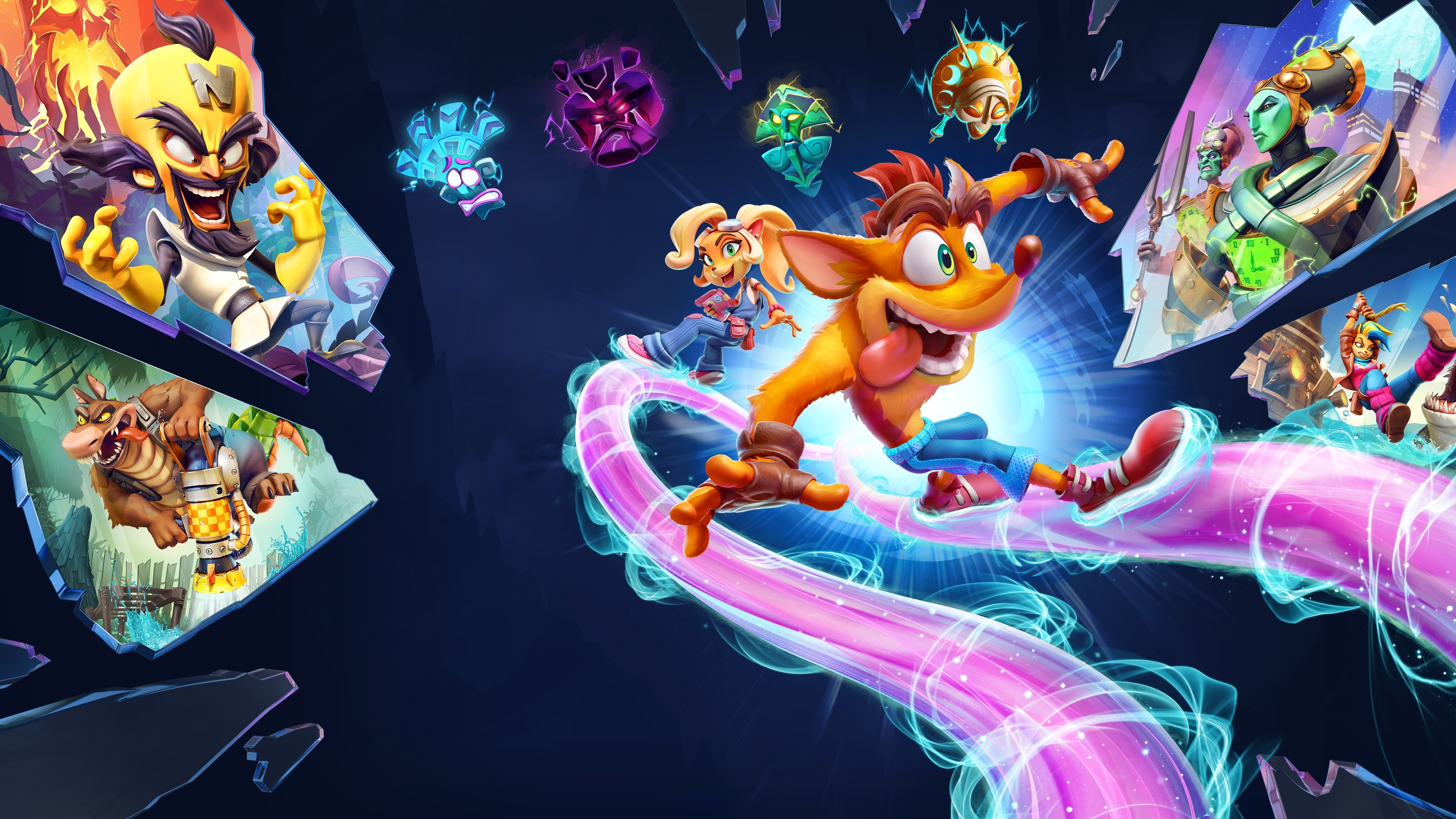 Crash Bandicoot 4: It's About Time, Crash Bandicoot, Coco Bandicoot, Doctor Neo Cortex, Quantum Masks, 4K Desktop wallpaper