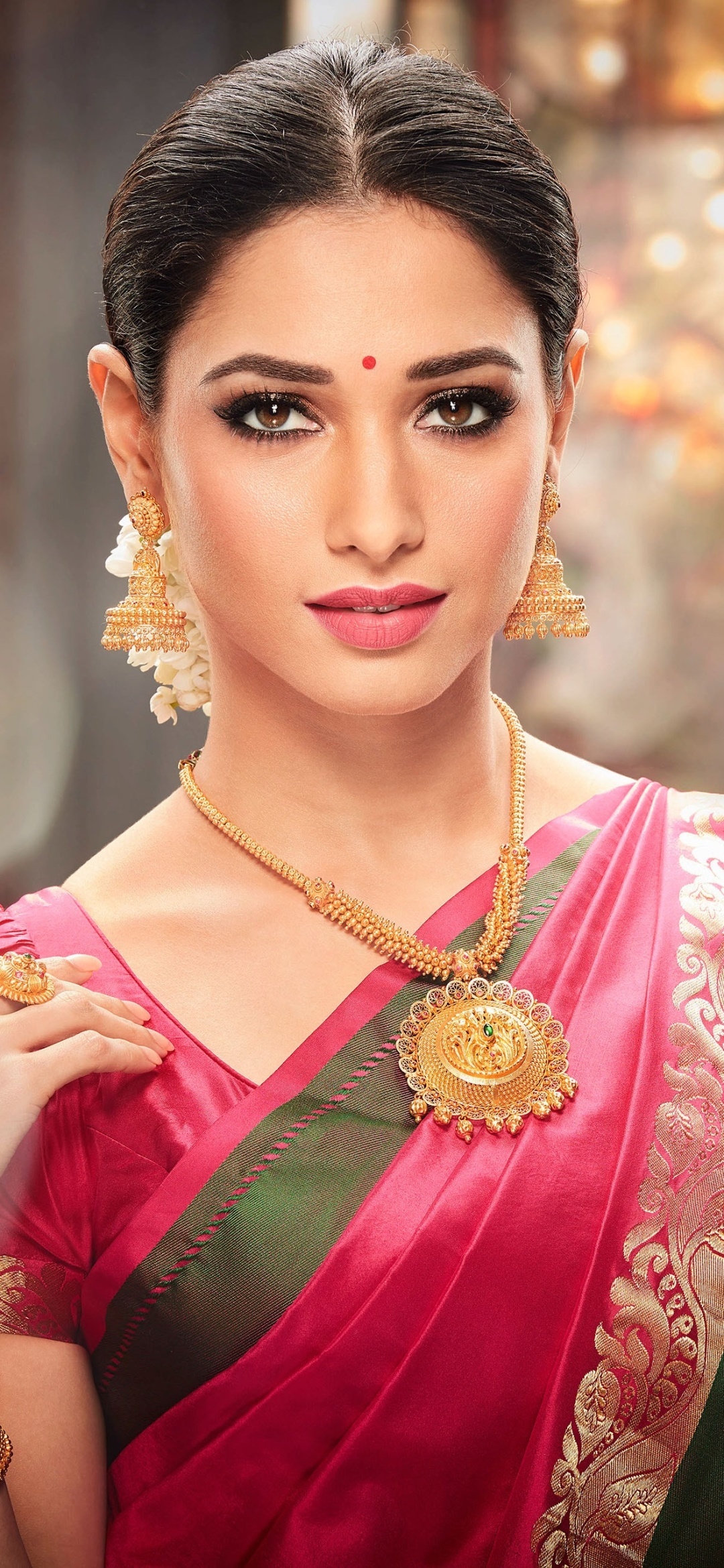 Tamannaah Bhatia, Pink silk saree, Gold temple necklace, HD Phone wallpaper