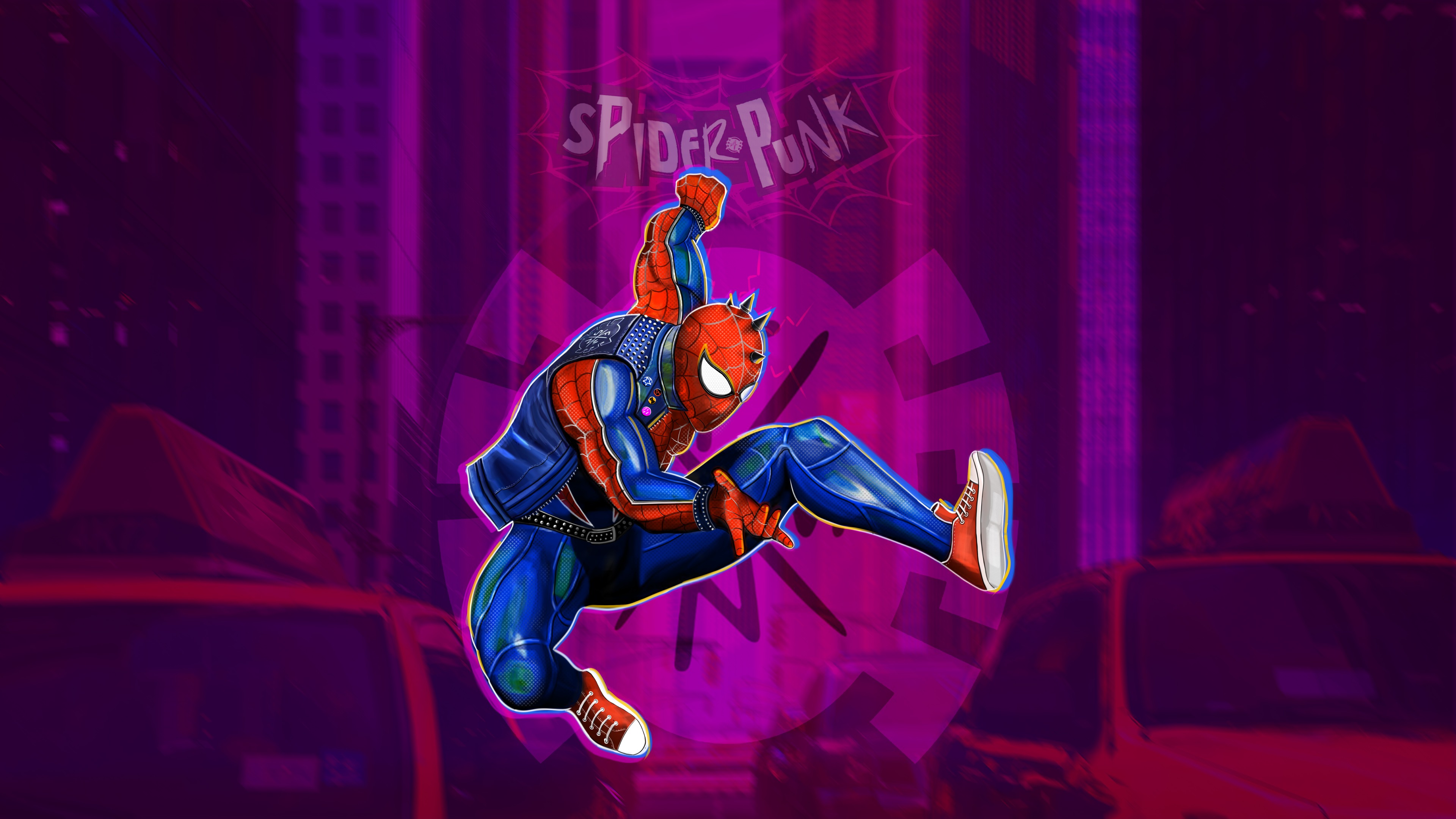 Spider-Punk (Hobie Brown), Spider-Man, Spiked mask with vest, Purple city background, 4K Desktop wallpaper