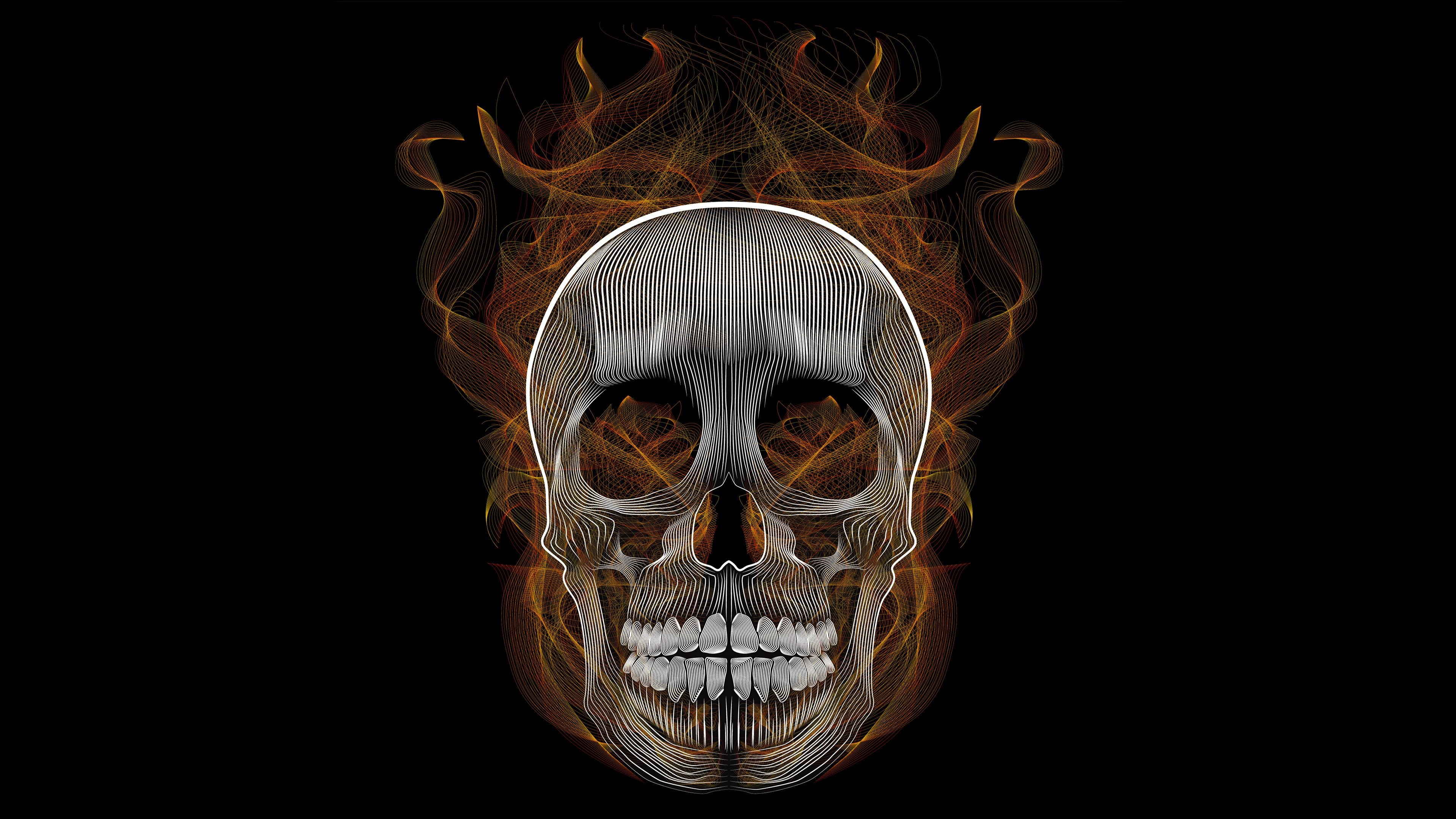 Line-art wireframe skull, Amber flame filament crown, Fine contour line shading, 4K Desktop wallpaper