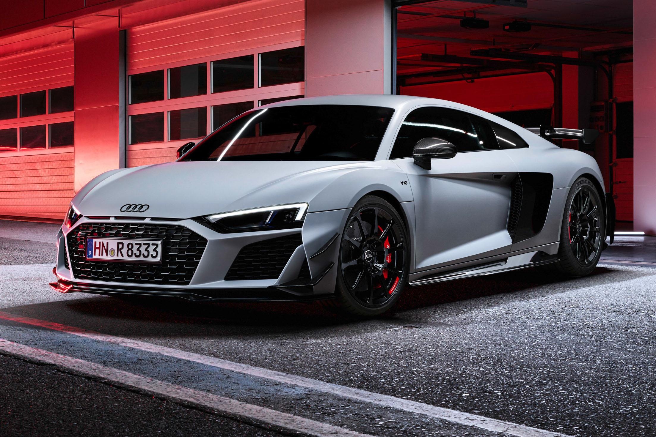 Audi R8 V10 GT RWD, Audi rings emblem, illuminated garage bay, HD Desktop wallpaper