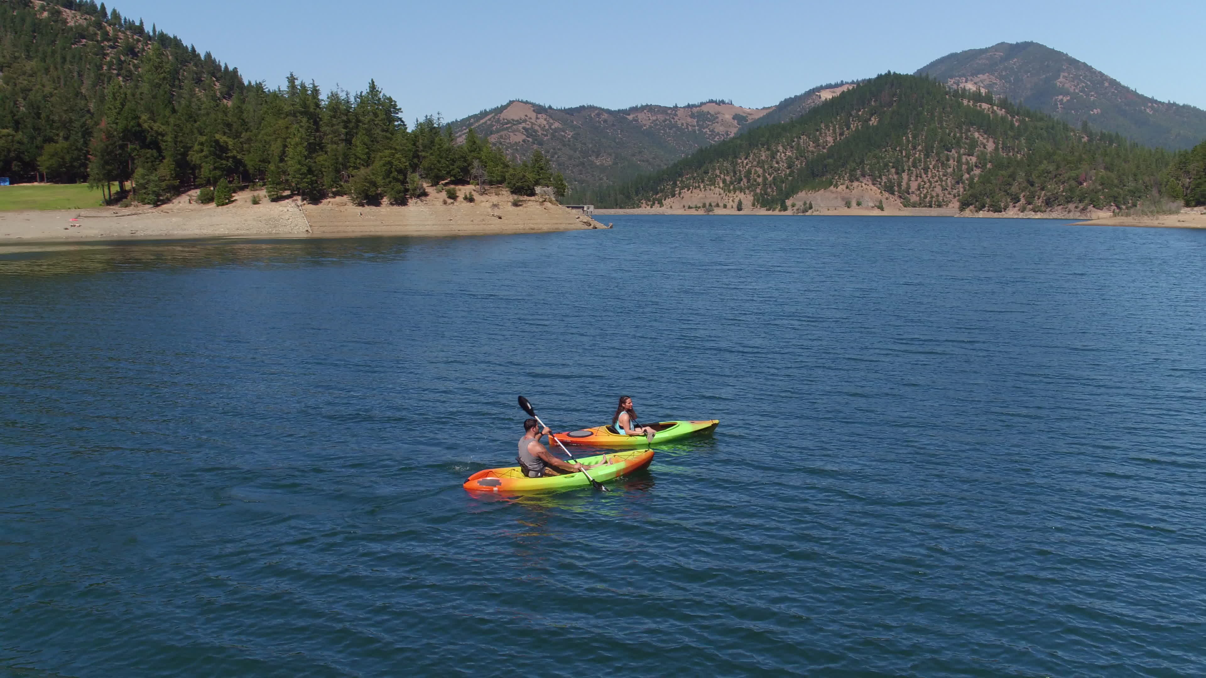 Aerial drone shot, Couple kayaking, Lake, Athletes, 3840x2160 4K Desktop