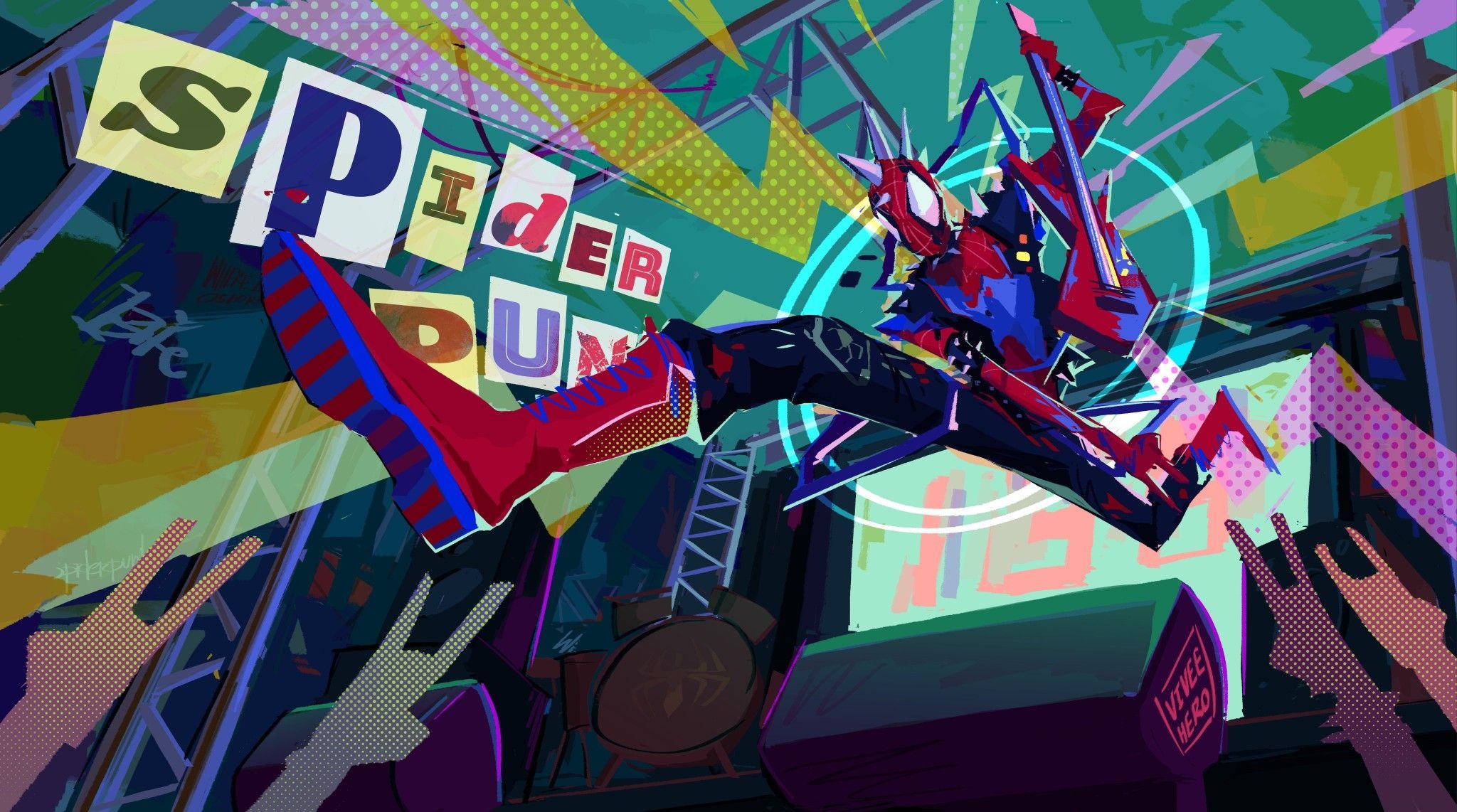 Across the Spider-Verse, Spider-Punk (Hobie Brown), Midair guitar jump, Spiked mask detail, Concert stage background, HD Desktop wallpaper