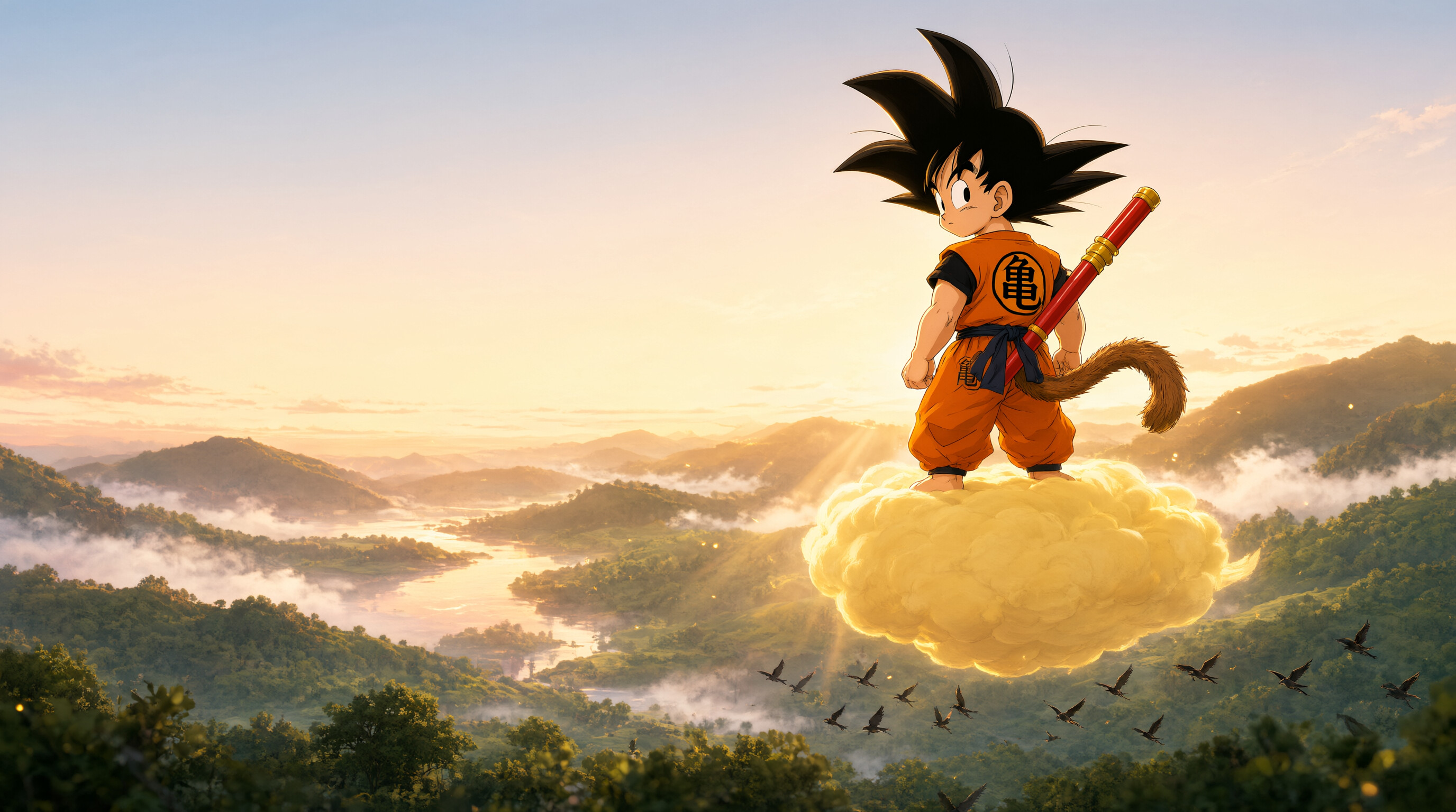 Kid Goku, Flying Nimbus, Power Pole, Monkey tail, Misty valley at sunrise, Dragon Ball, HD Desktop wallpaper