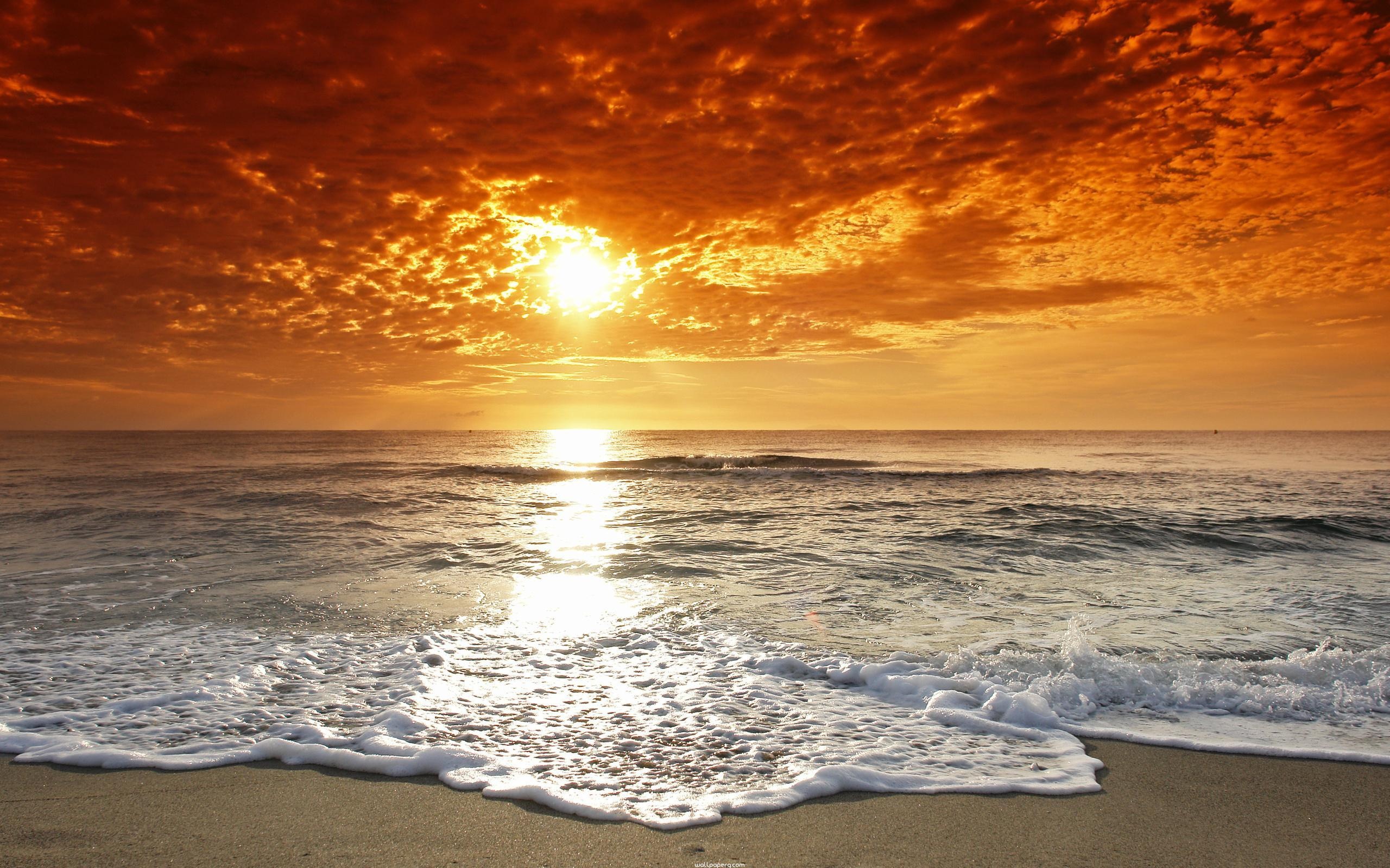 Glowing ocean sunset, Foamy shoreline wave, Orange textured clouds, HD Desktop wallpaper