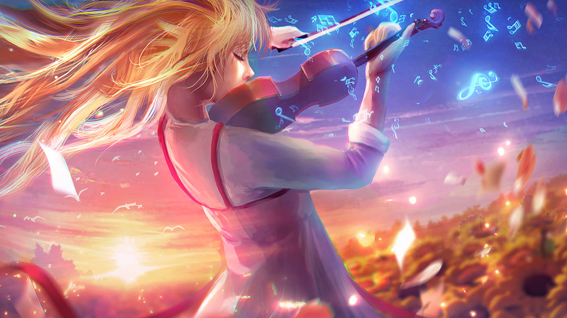 Kaori Miyazono playing violin, Glowing musical notes, Sunset sunflower field, Full HD Desktop wallpaper