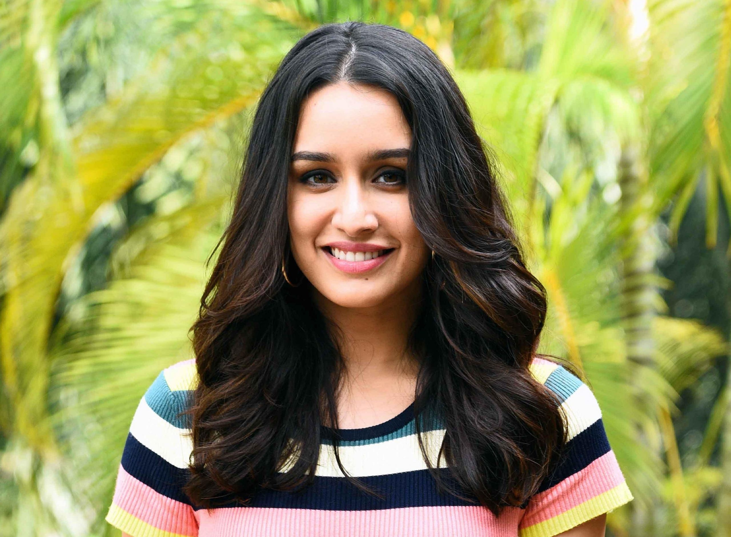 Shraddha Kapoor, striped ribbed t-shirt, lush tropical foliage, HD Desktop wallpaper