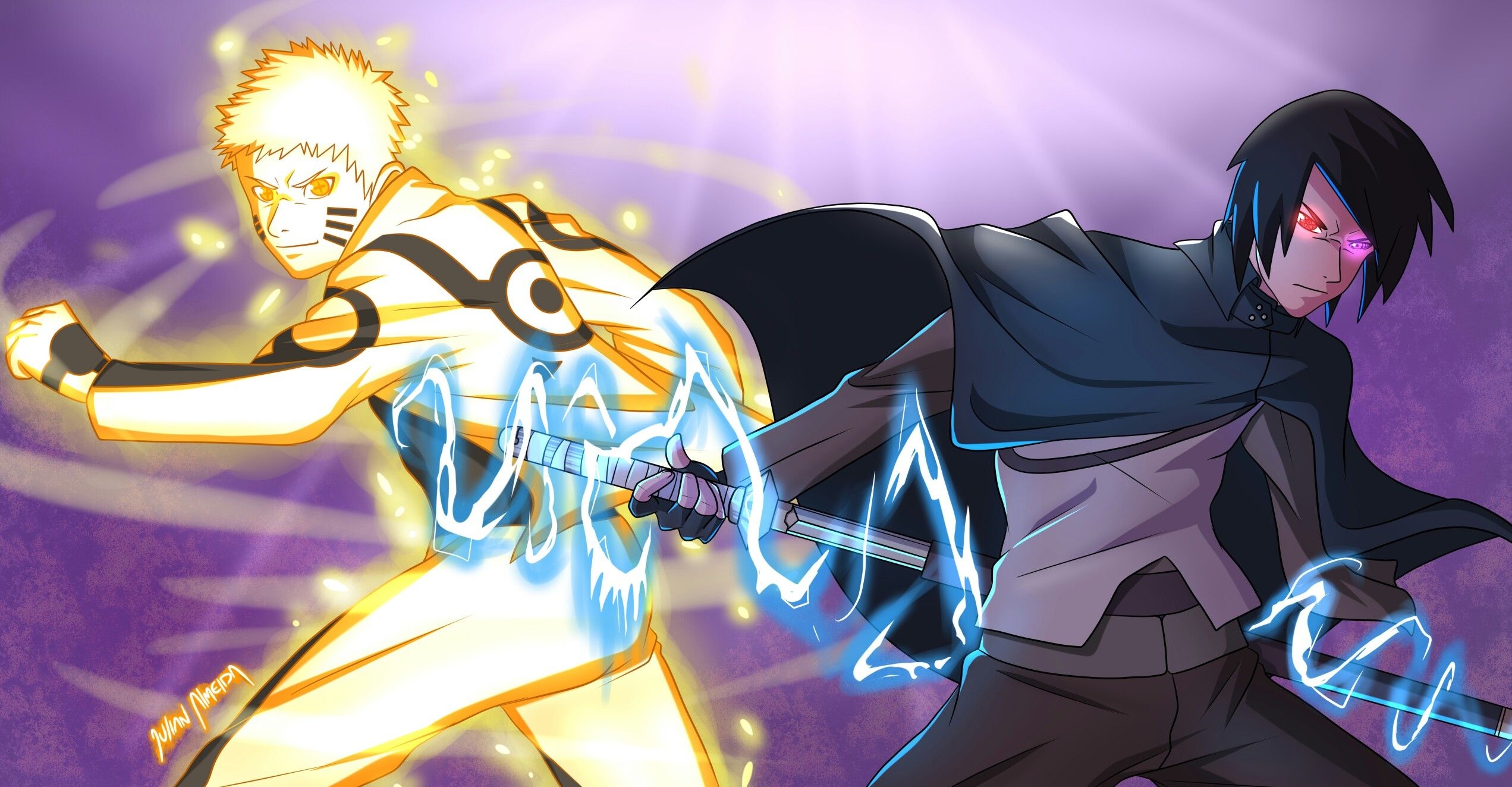 Kurama Mode Naruto Uzumaki, Adult Sasuke Uchiha, Chidori katana lightning, HD Desktop wallpaper