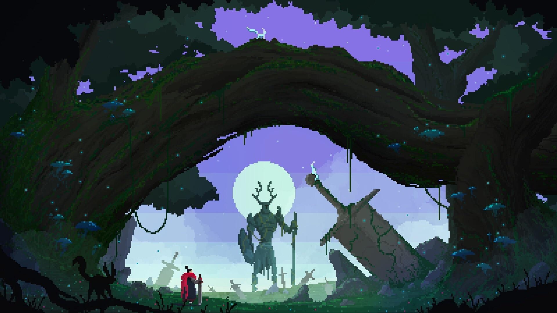 antlered giant knight statue, red cloaked pixel warrior, giant broken stone sword, gnarled mossy tree arch, Full HD Desktop wallpaper
