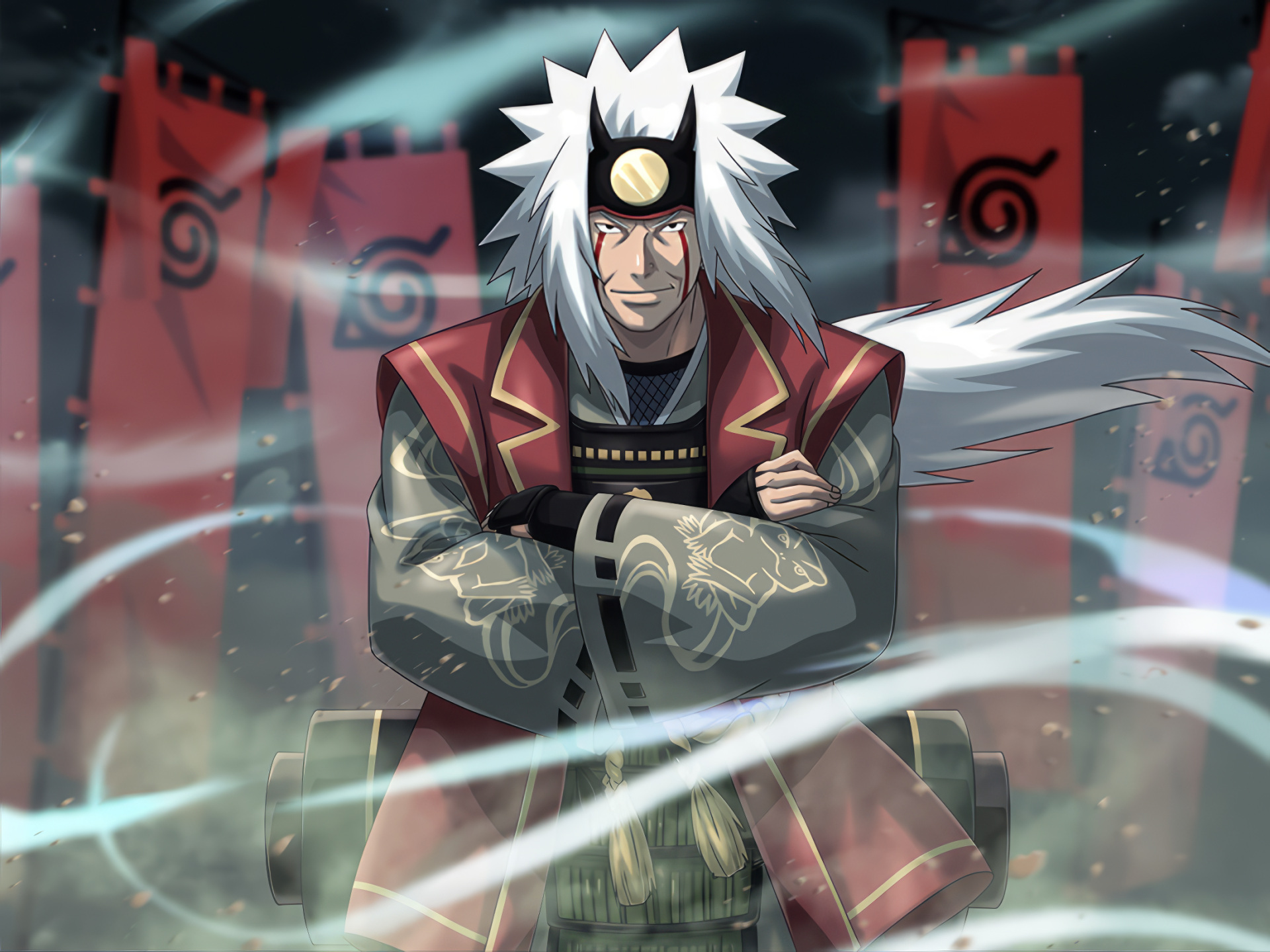 Jiraiya, Toad Sage, Hidden Leaf Village, Red clan banners, Arms crossed, HD Desktop wallpaper