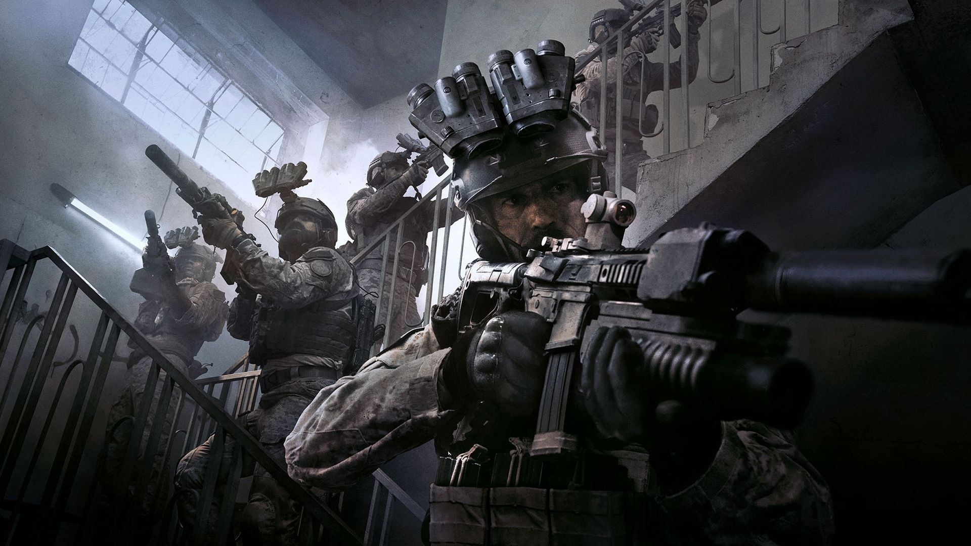 Captain Price, Call of Duty: Modern Warfare, GPNVG-18 night vision goggles, Concrete stairwell raid, Full HD Desktop wallpaper