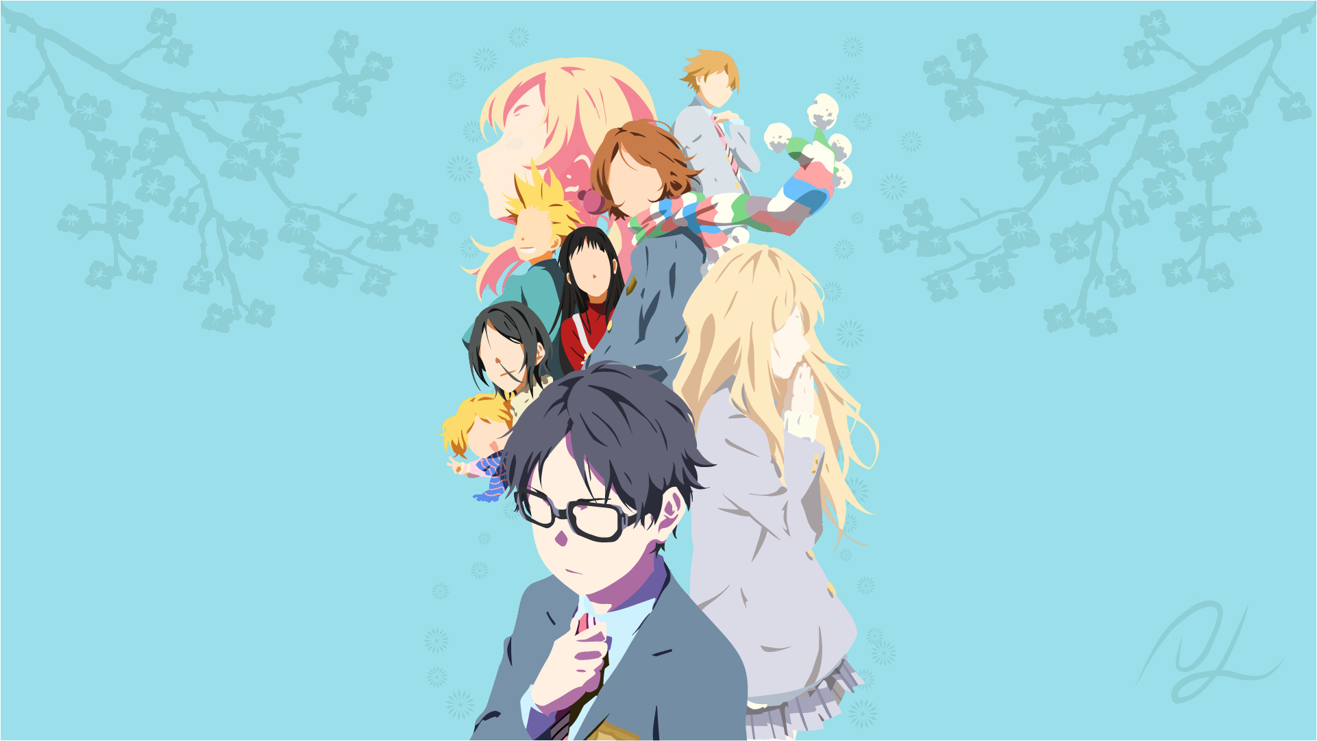 Kousei Arima, Kaori Miyazono, Tsubaki Sawabe, Ryota Watari, Cherry blossom branches, HD Desktop wallpaper