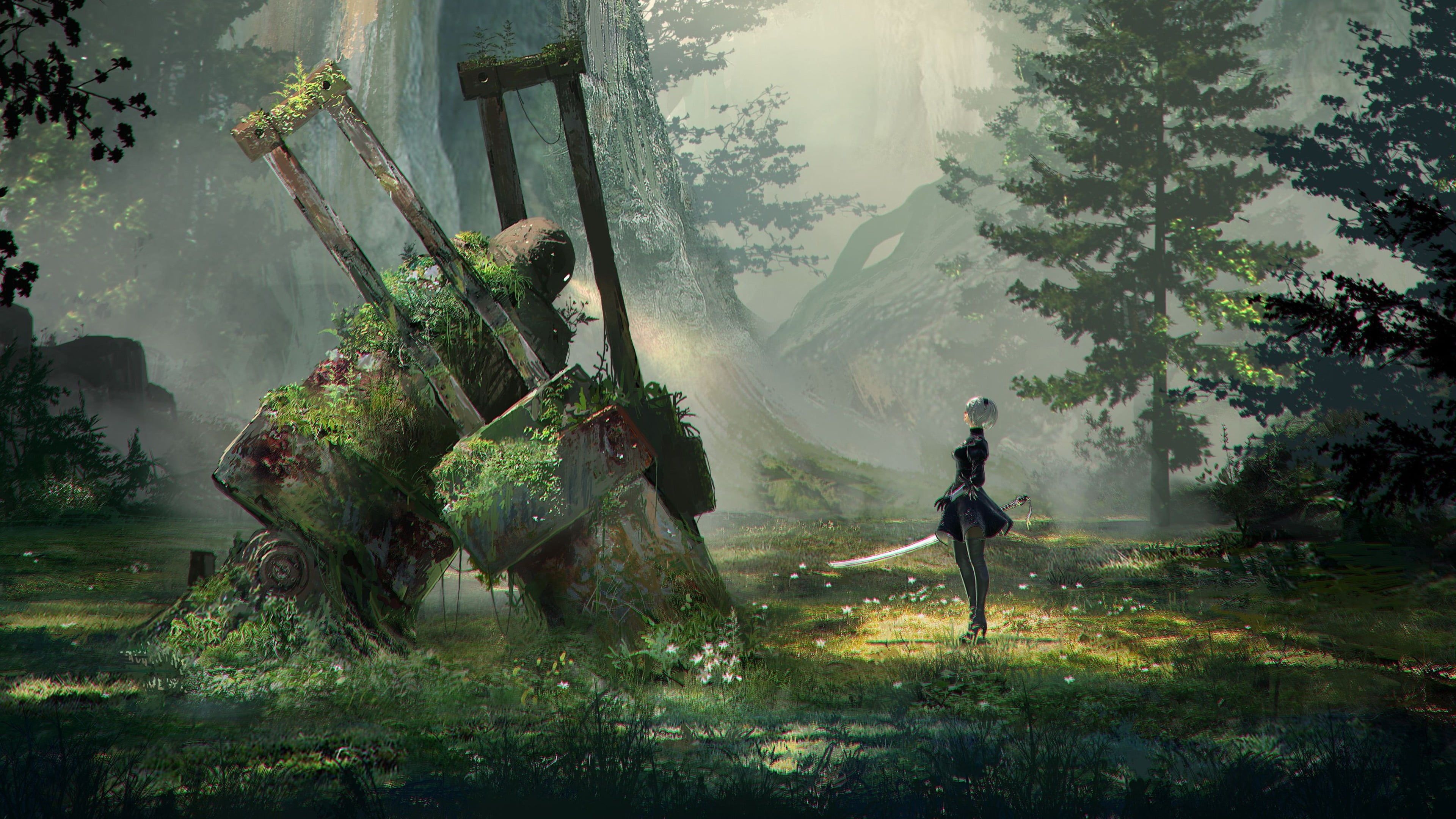 YoRHa No. 2 Type B, Overgrown Machine Lifeform, NieR Automata Forest Zone, 4K Desktop wallpaper