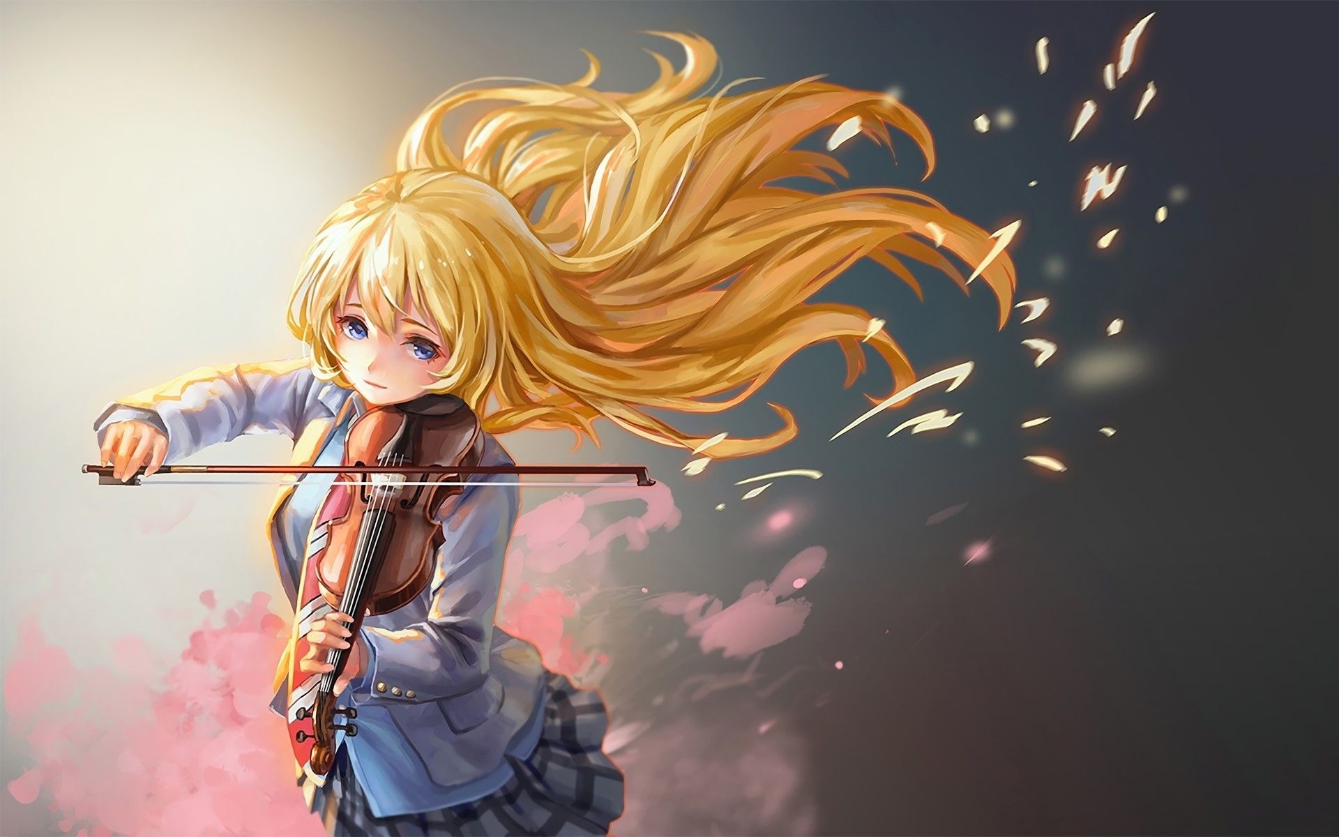 Kaori Miyazono playing violin, Flowing blonde hair, Floating cherry blossom petals, HD Desktop wallpaper