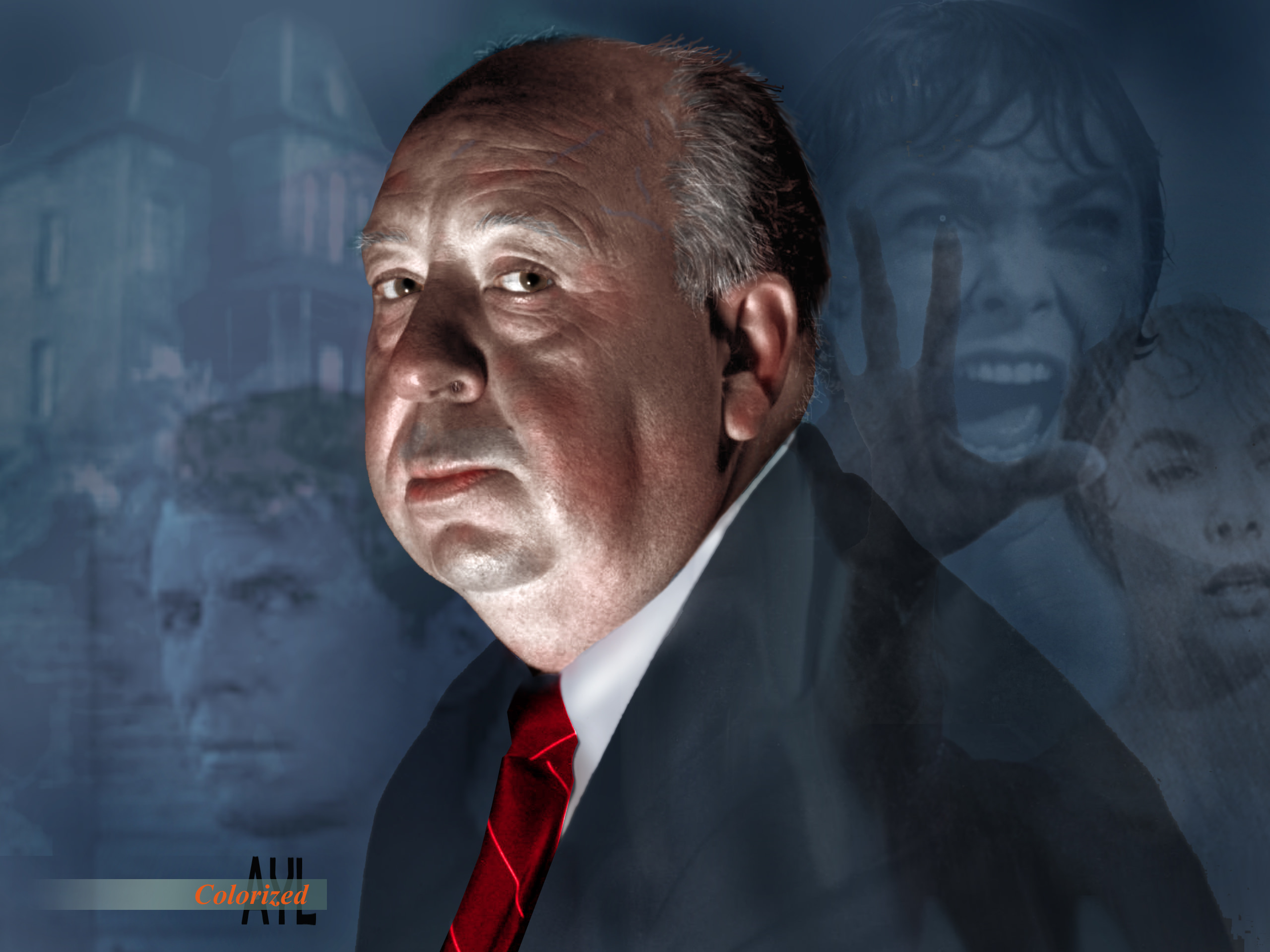 Alfred Hitchcock, Colourized portrait, Composited, 2560x1920 HD Desktop