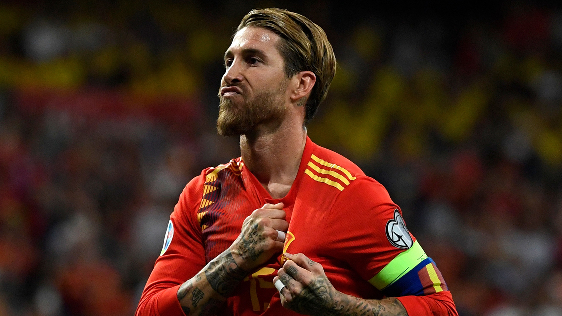 Sergio Ramos, Spain national football kit, captain armband, Full HD Desktop wallpaper