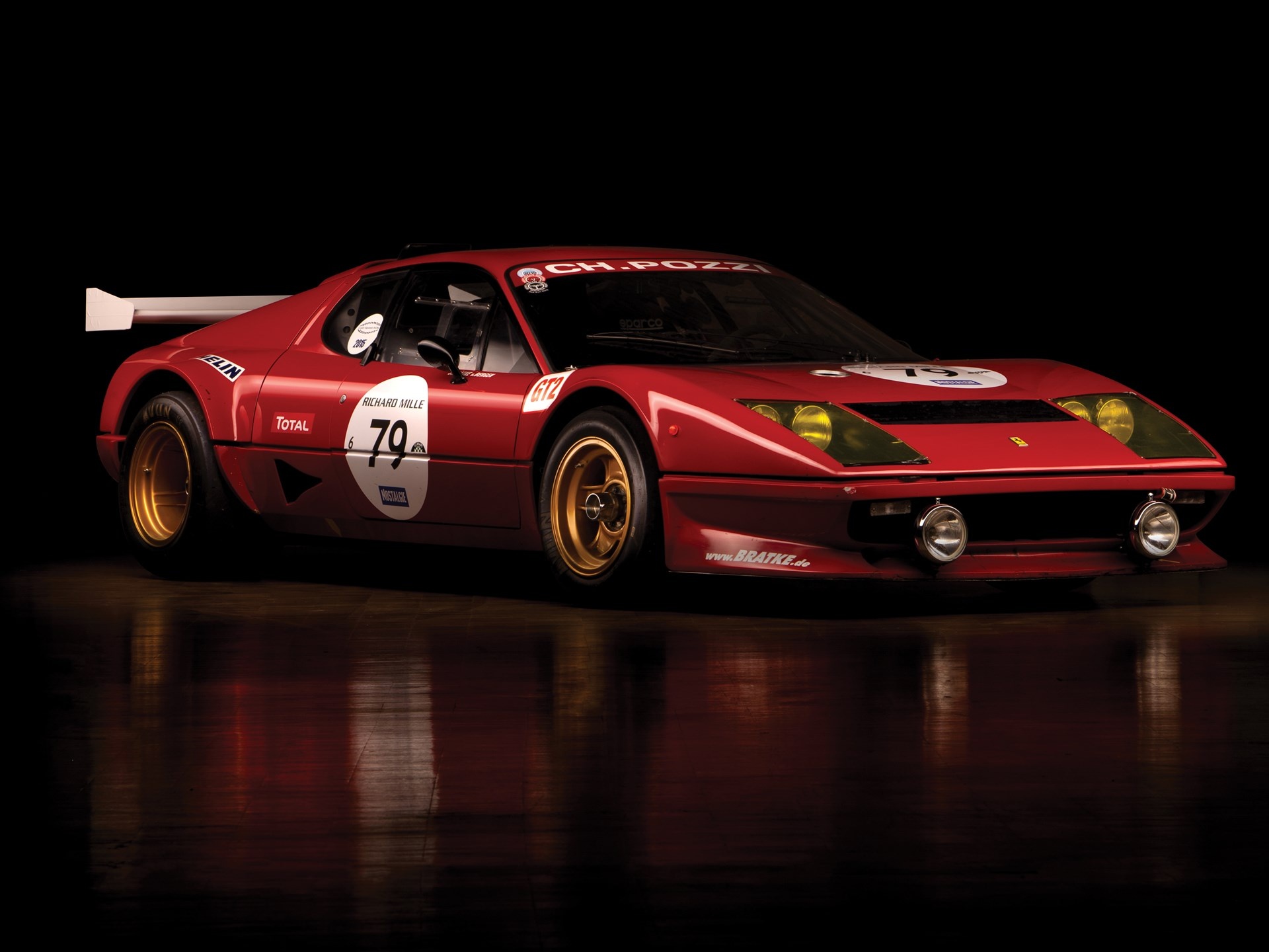 Ferrari 512 BB LM, CH. POZZI text, dark reflective floor, HD Desktop wallpaper