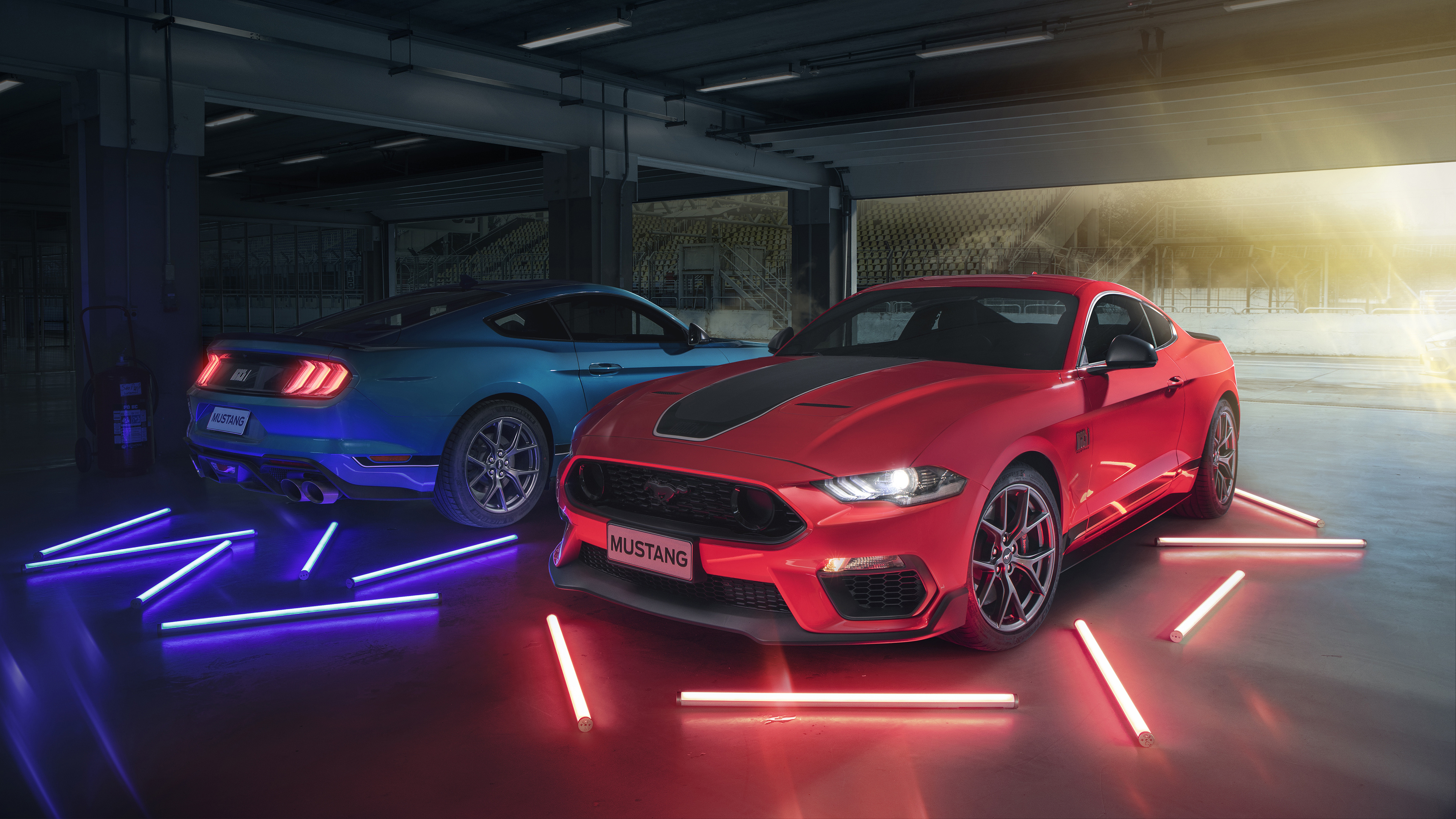 Ford Mustang Mach 1, blue Ford Mustang, neon light tubes, MUSTANG, 4K Desktop wallpaper