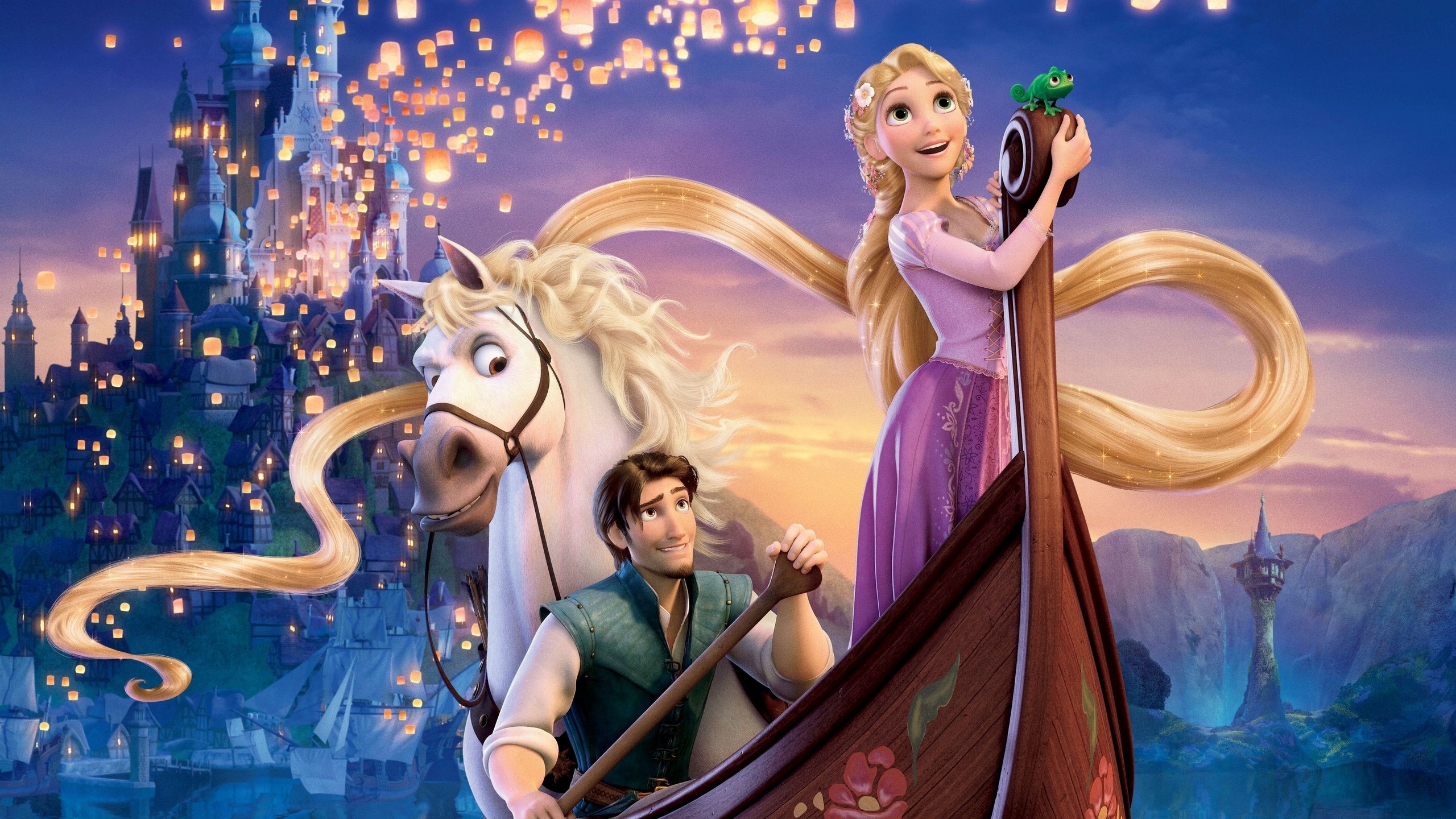 Rapunzel, Flynn Rider, Maximus the horse, Pascal the chameleon, Corona floating lanterns, HD Desktop wallpaper