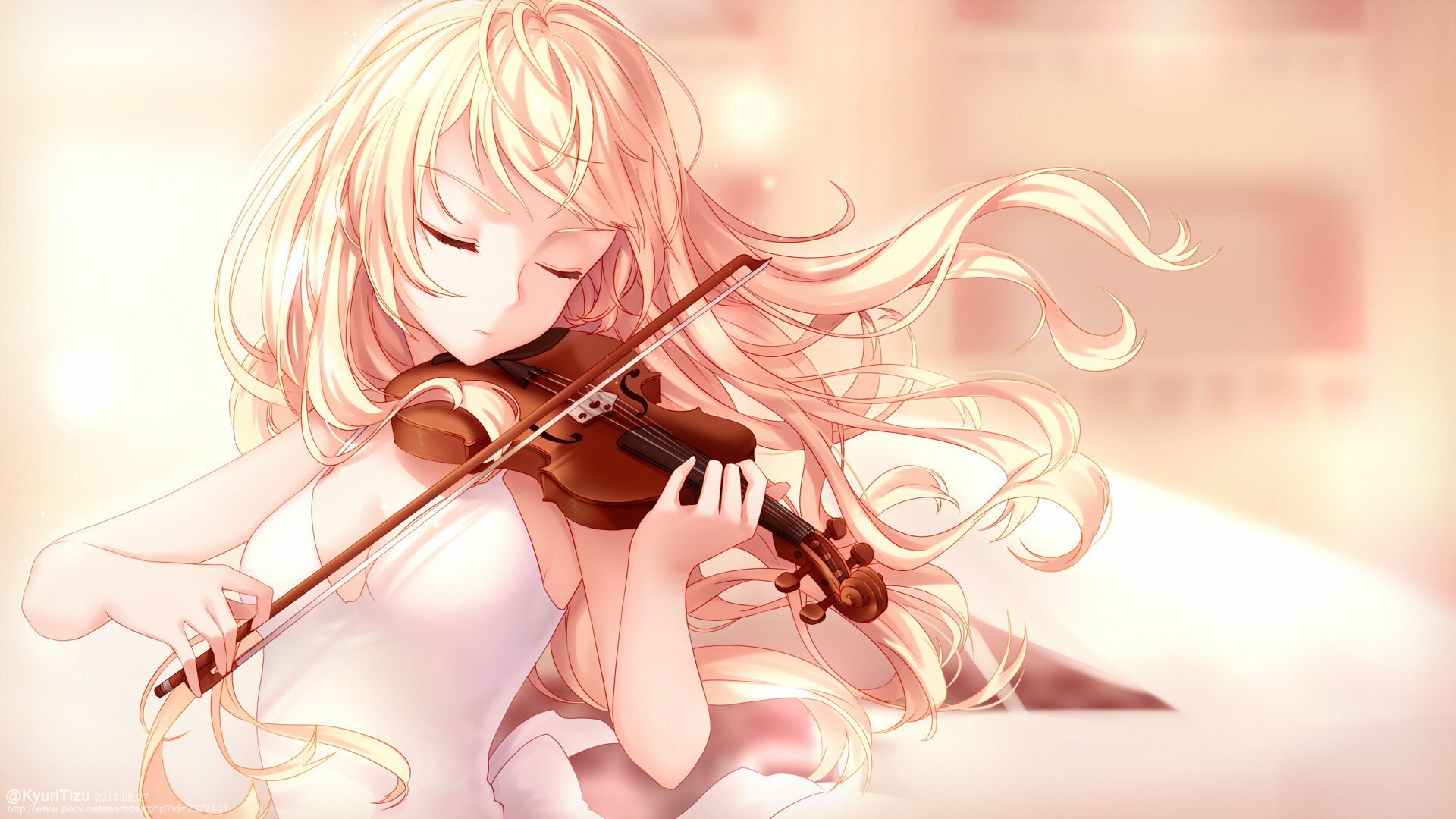 Kaori Miyazono, Acoustic violin and bow, Flowing blonde hair, Full HD Desktop wallpaper