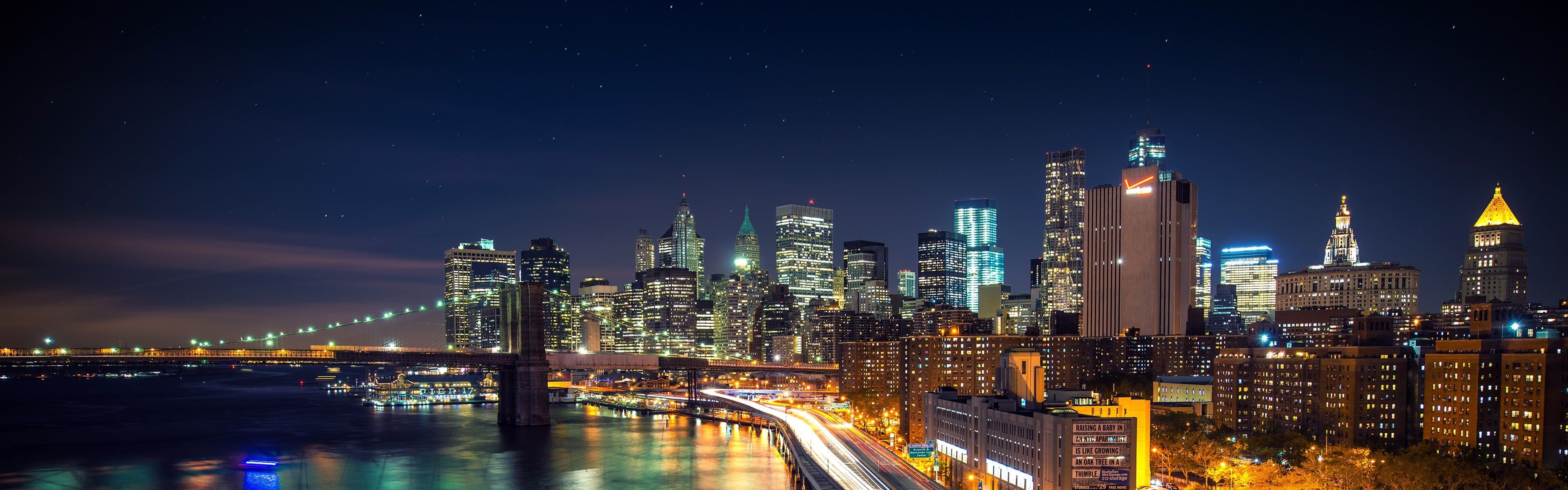 New York City skyline, Brooklyn Bridge, Long exposure, City night, 3840x1200 Dual Screen Desktop