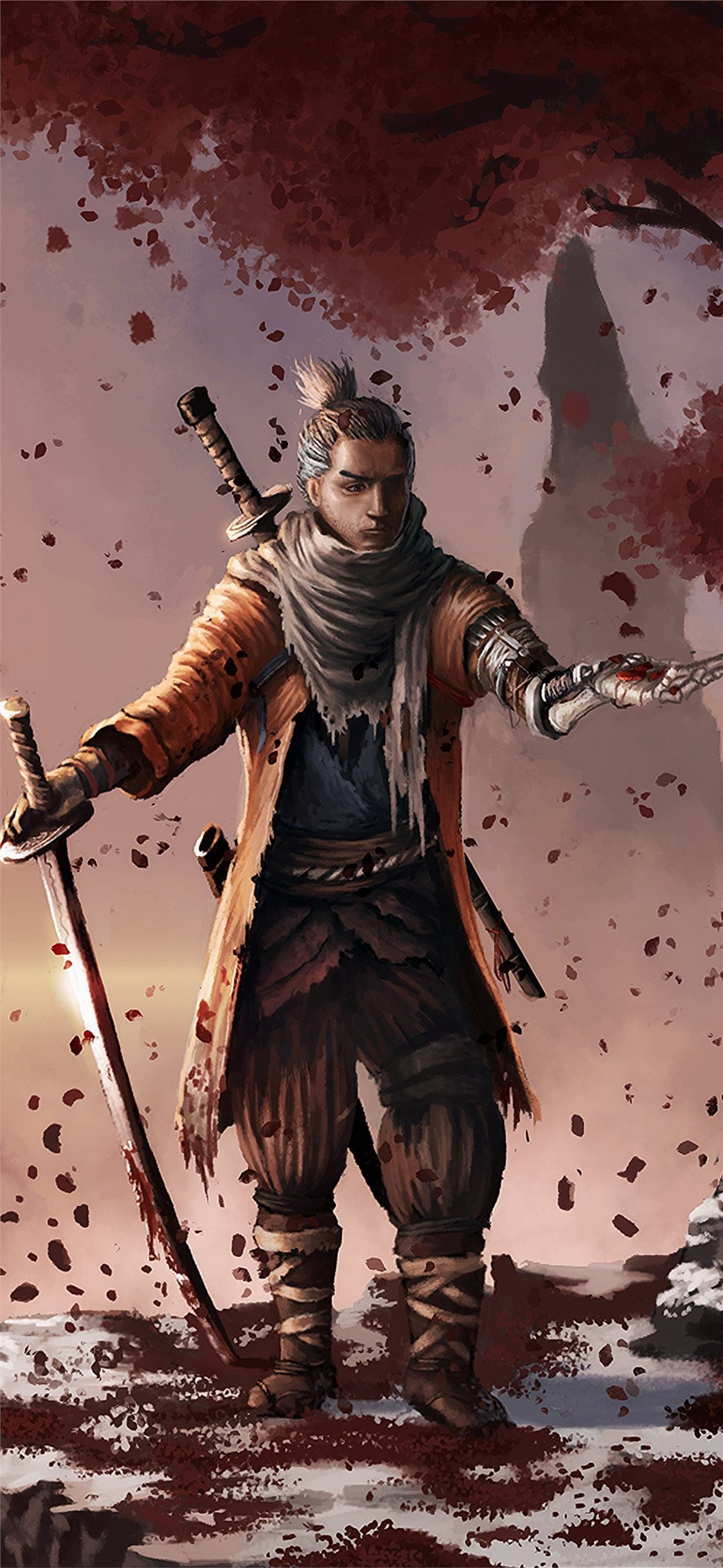 Wolf Sekiro, Shinobi Prosthetic arm, falling red maple leaves, HD Phone wallpaper