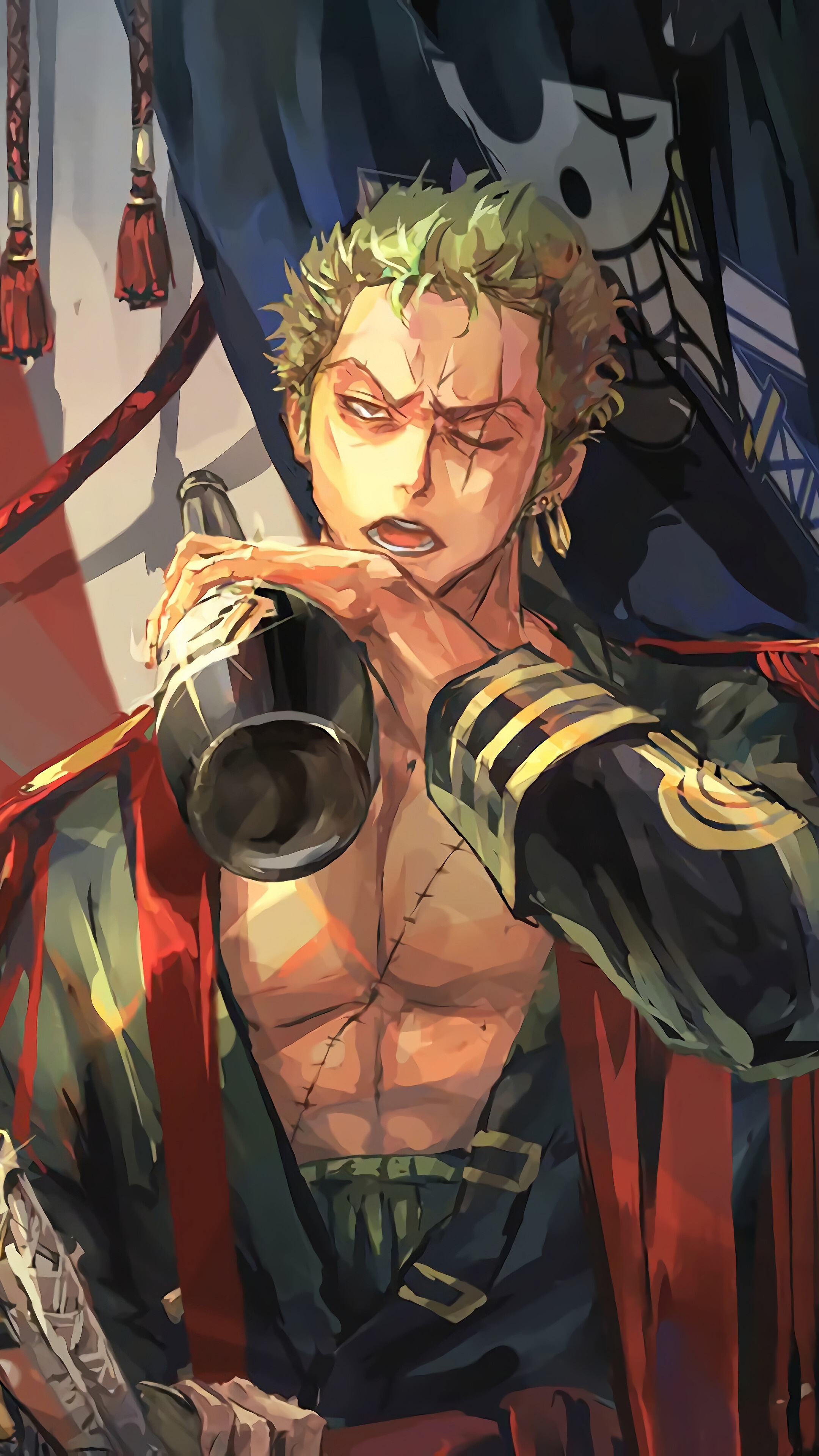 Roronoa Zoro, Straw Hat Jolly Roger, sake bottle, 4K Phone wallpaper