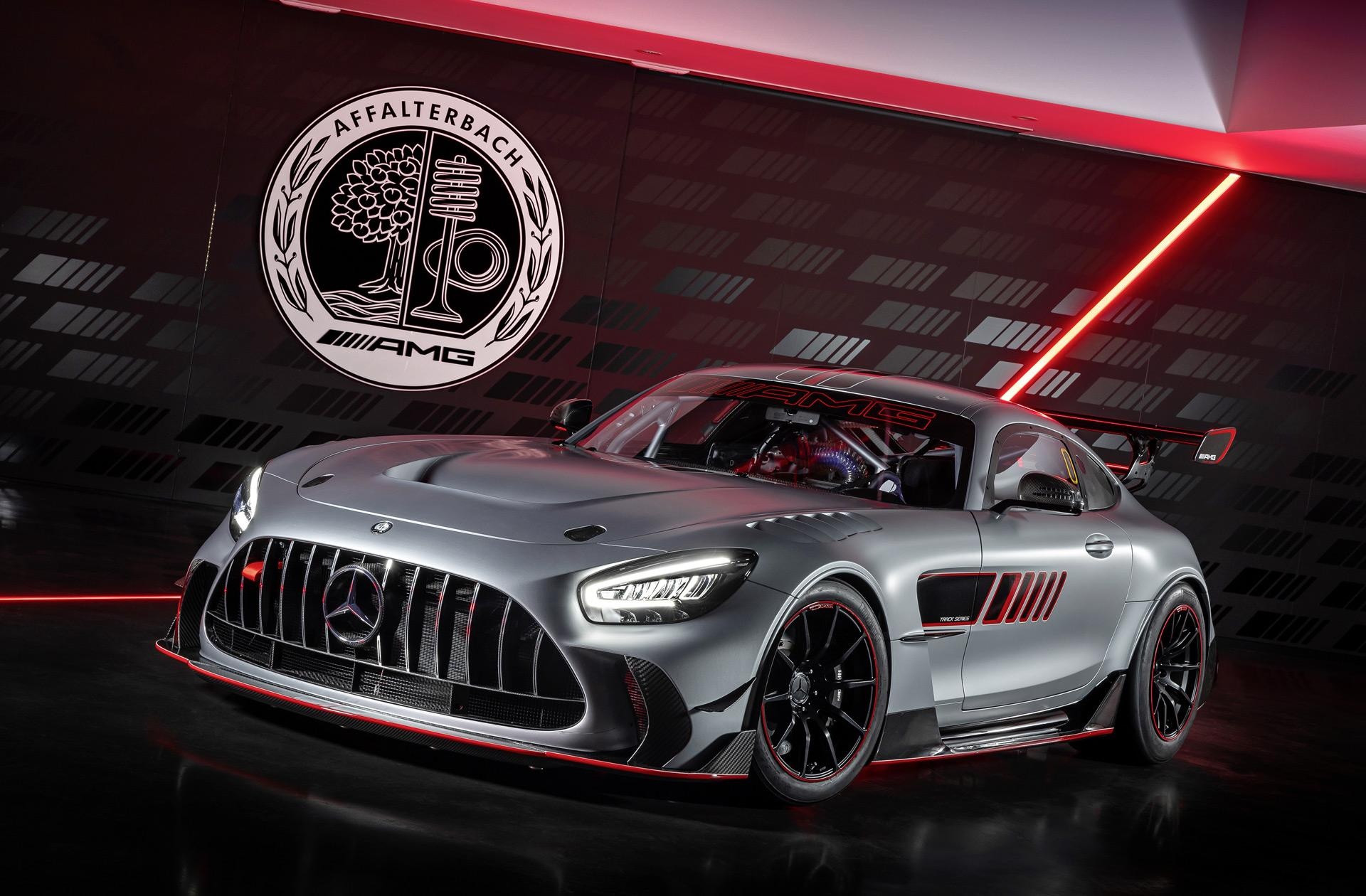 Mercedes-AMG GT Track Series, Affalterbach AMG logo, red neon accent lighting, HD Desktop wallpaper