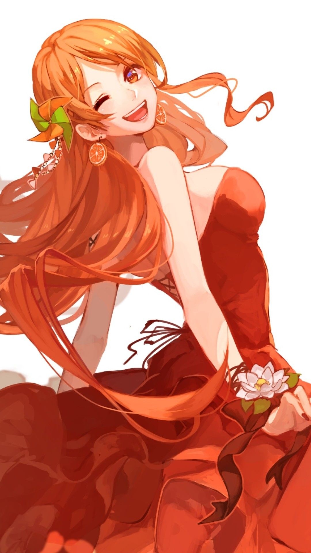 Nami, strapless red dress, orange slice earrings, Full HD Phone wallpaper