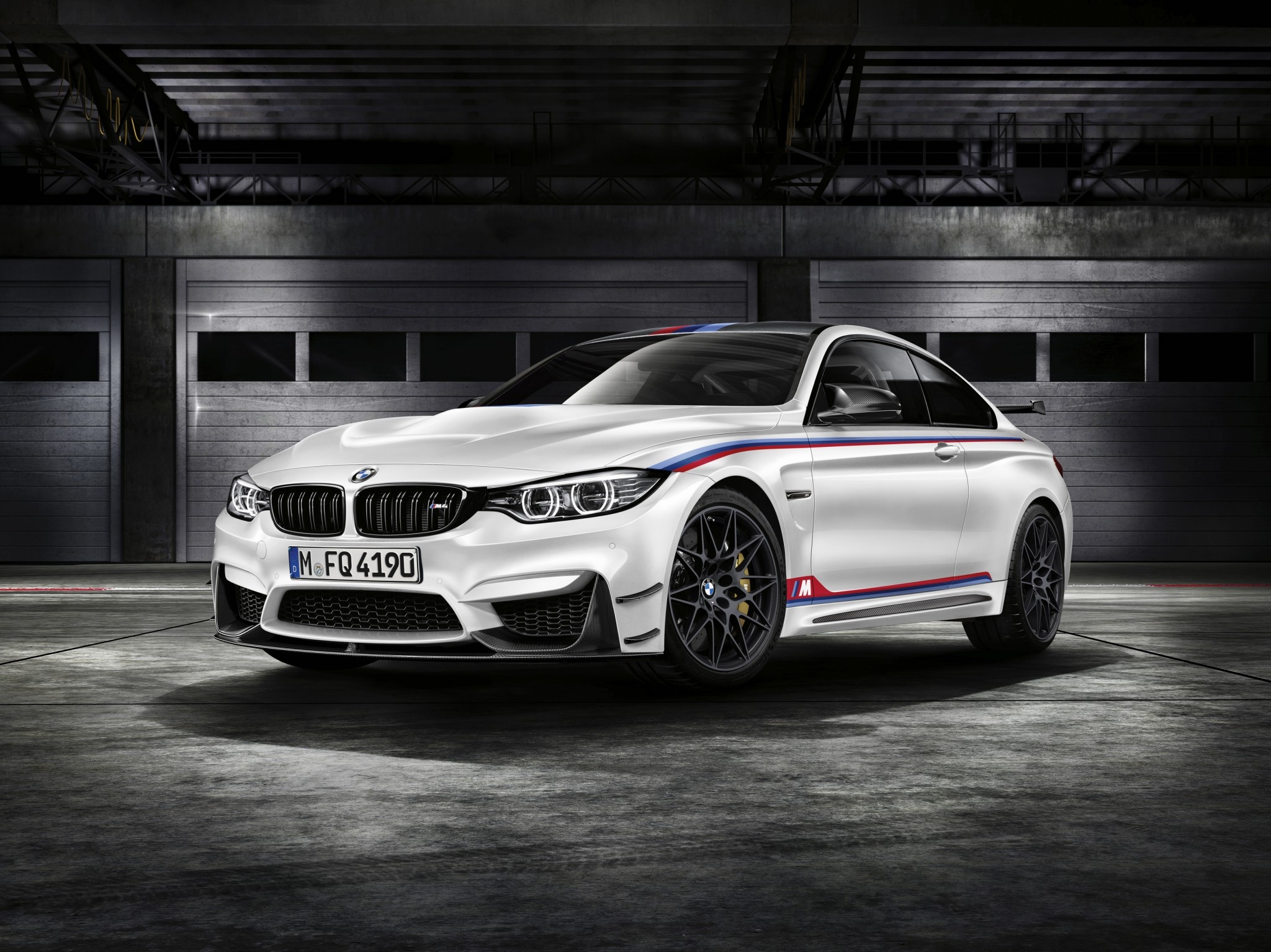 BMW M4 Coupe, BMW M Performance stripes, Industrial garage setting, HD Desktop wallpaper