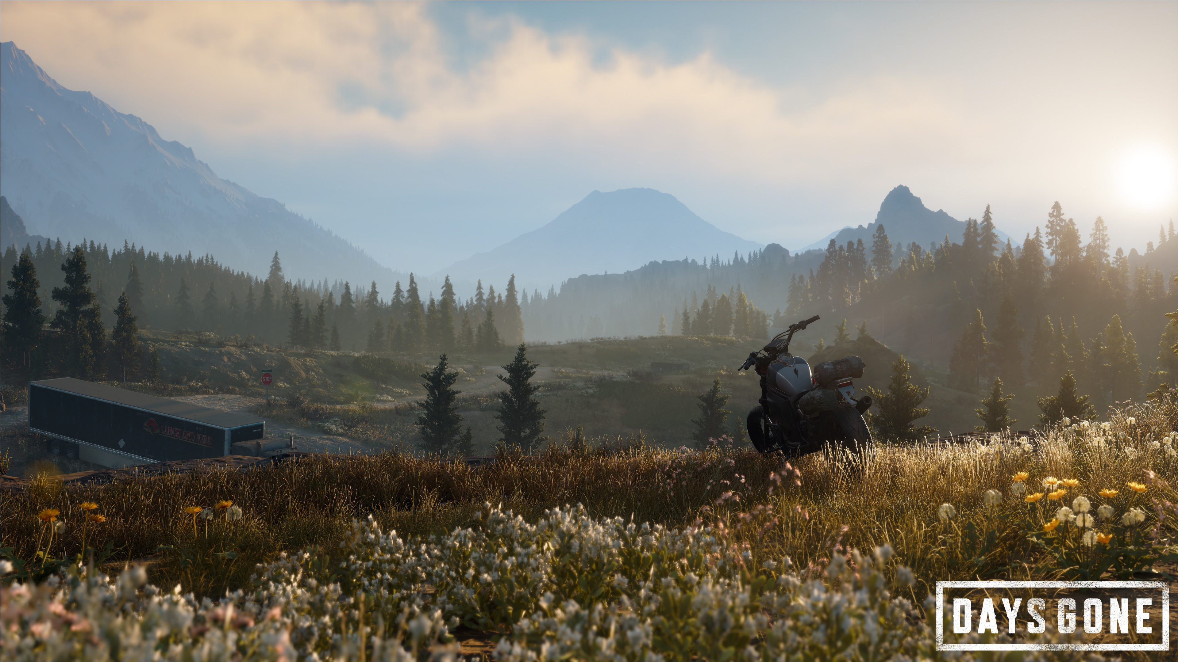 Days Gone drifter bike, DAYS GONE logo, abandoned semi-trailer, 4K Desktop wallpaper
