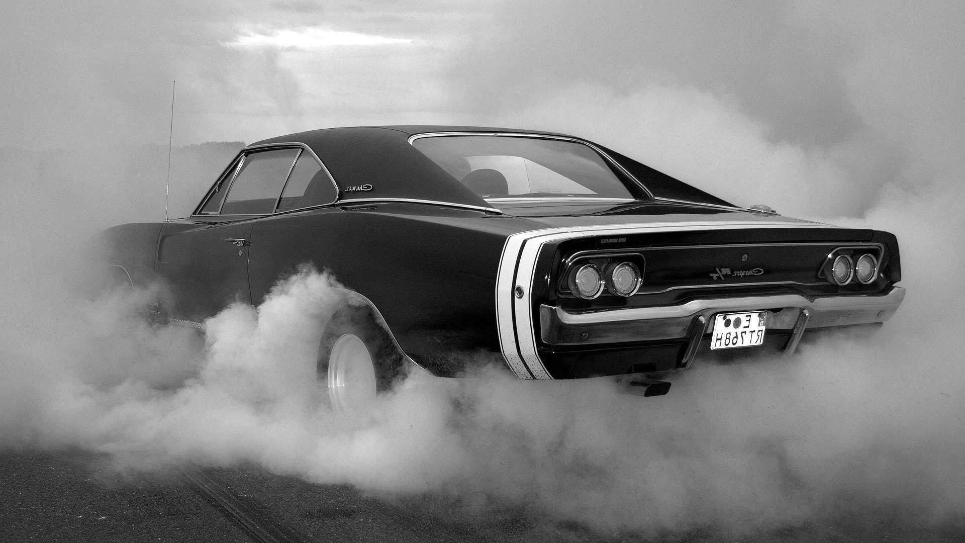 1968 Dodge Charger R/T, tire smoke burnout, black and white photography, Full HD Desktop wallpaper