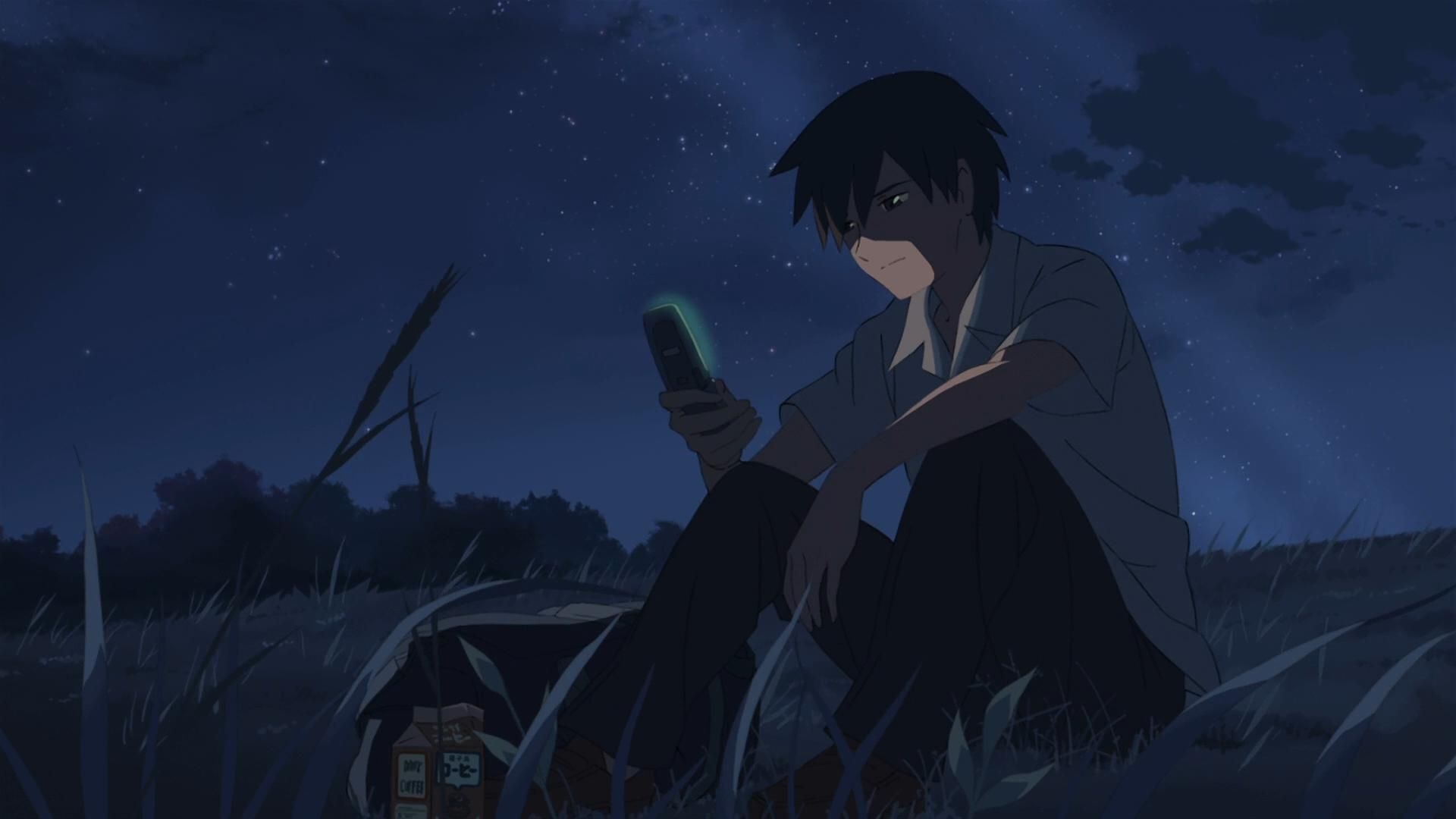 Takaki Tohno, Glowing flip phone screen, Starry night grassy field, Full HD Desktop wallpaper