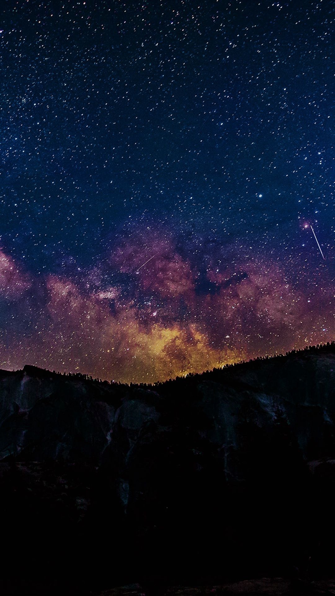 Milky Way galaxy, shooting star streak, mountain ridge silhouette, Full HD Phone wallpaper