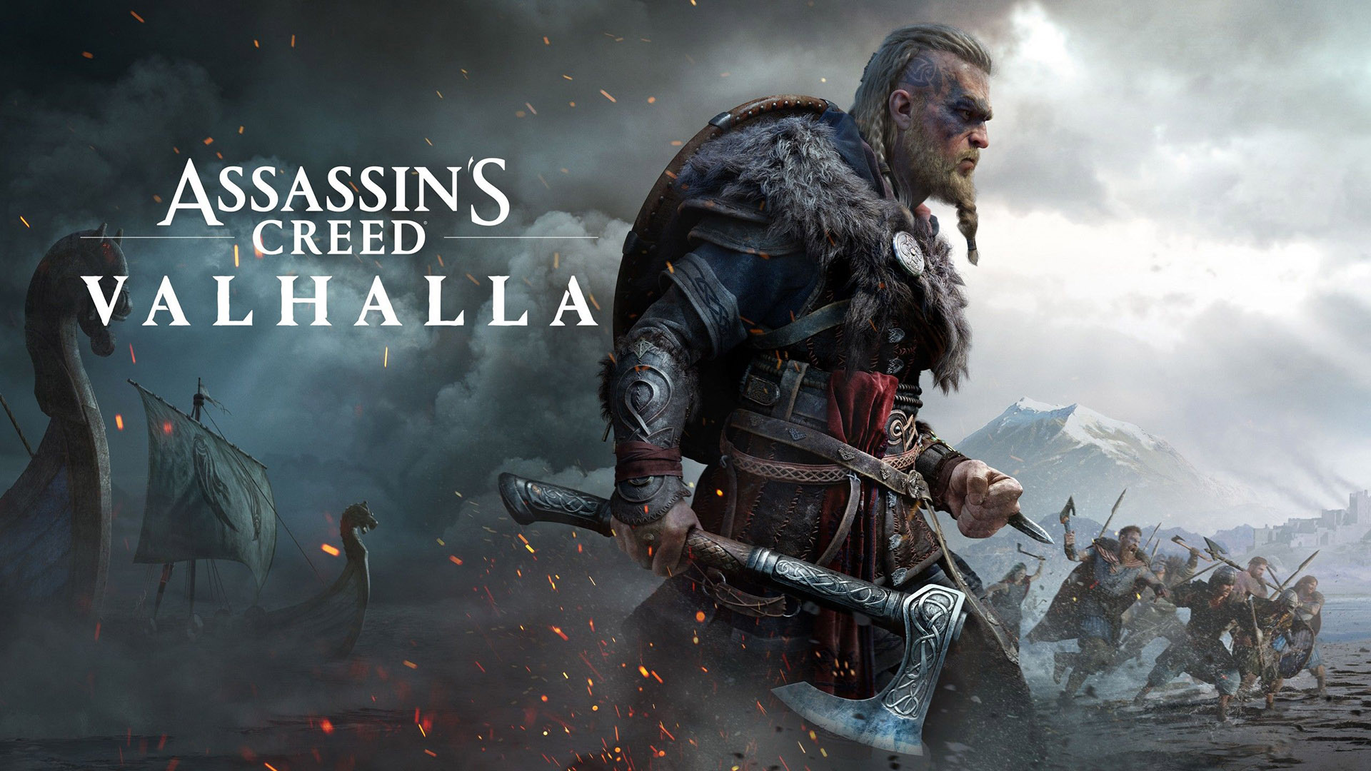 Eivor Varinsdottir, Assassin's Creed Valhalla logo, Viking longship fleet, Full HD Desktop wallpaper
