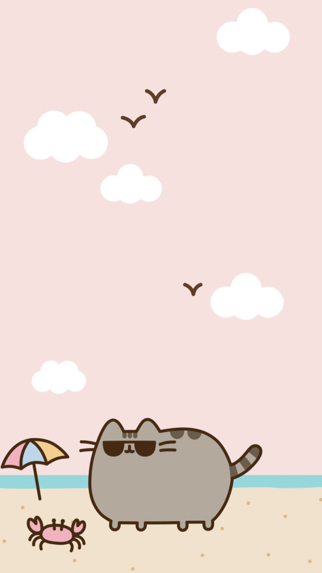 Pusheen in sunglasses, Little crab with beach umbrella, Pink sky with clouds, HD Phone wallpaper