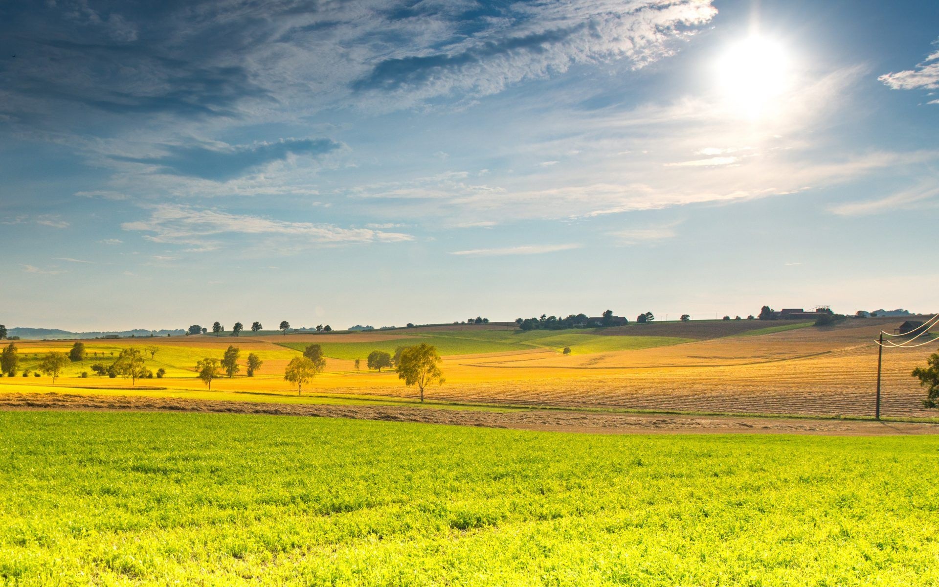 Bright sun in blue sky, Sun-drenched rolling farm fields, Golden harvested crop fields, HD Desktop wallpaper