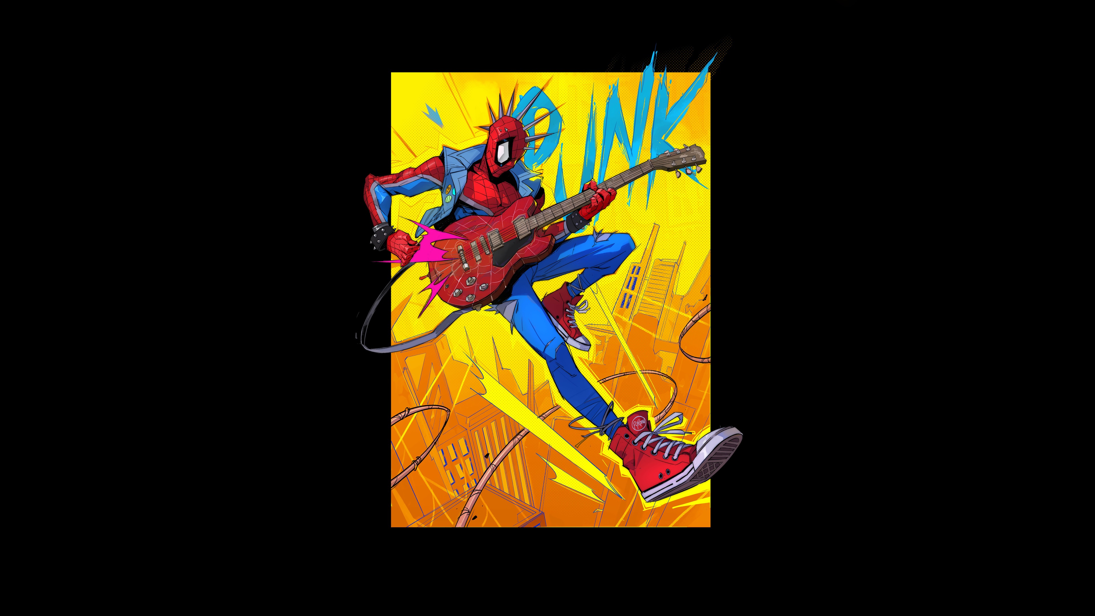 Spider-Punk (Hobie Brown), Spider-Man, Jumping with electric guitar, Spiked mohawk mask, Bright yellow comic backdrop, 4K Desktop wallpaper