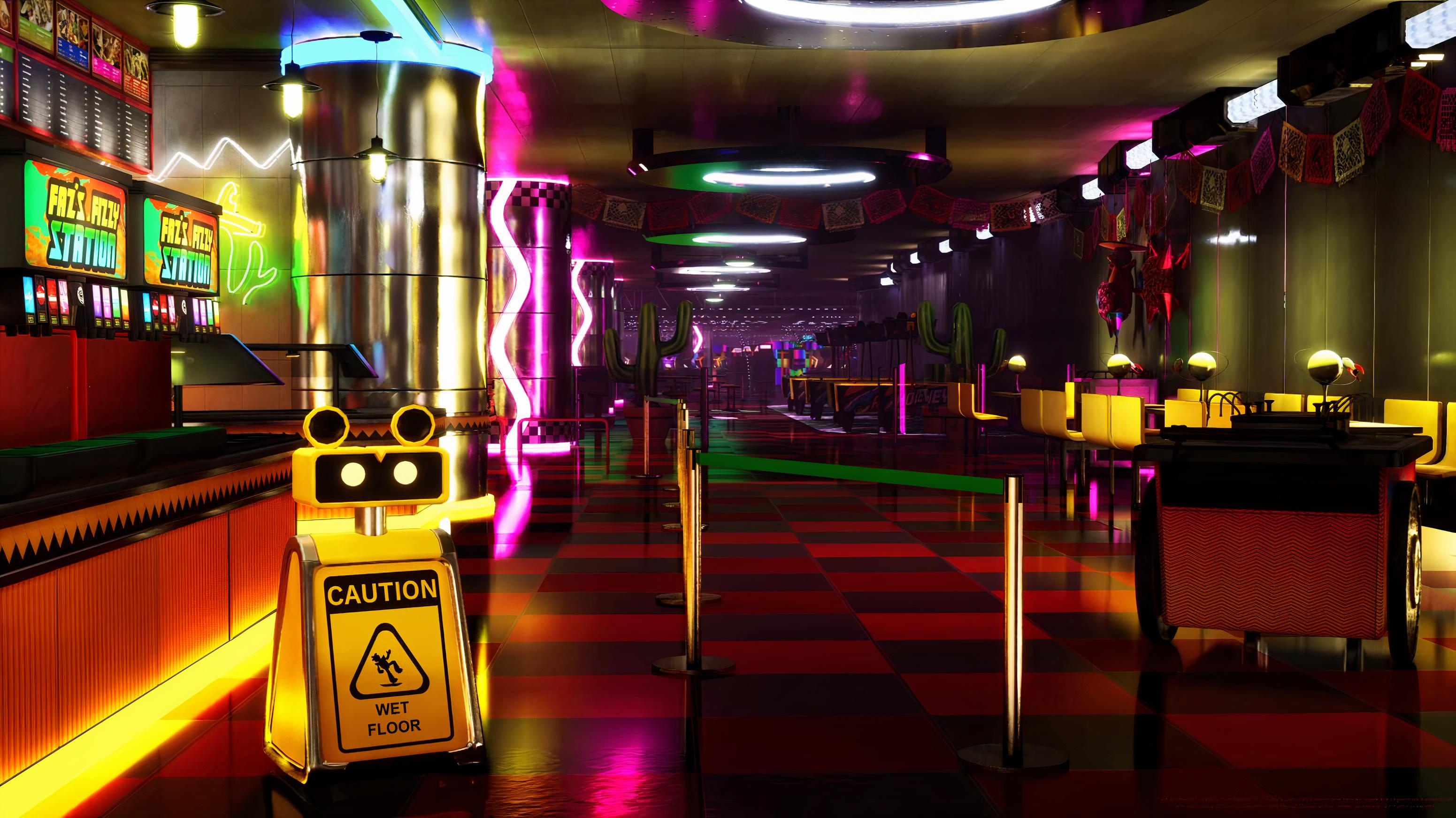 Wet Floor Bot, Faz's Fizzy Station, El Chip's restaurant, Fazbear Mega Pizzaplex, HD Desktop wallpaper