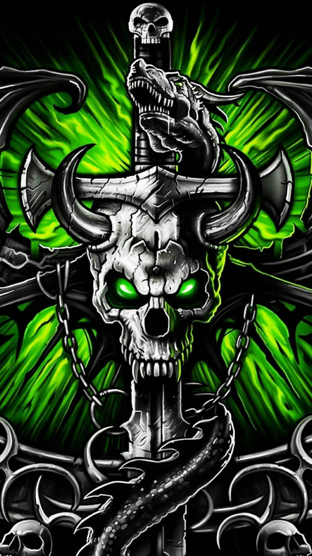 Horned skull sword hilt, Dragon coiled around blade, Chains and bat wings, Green energy burst, Full HD Phone wallpaper