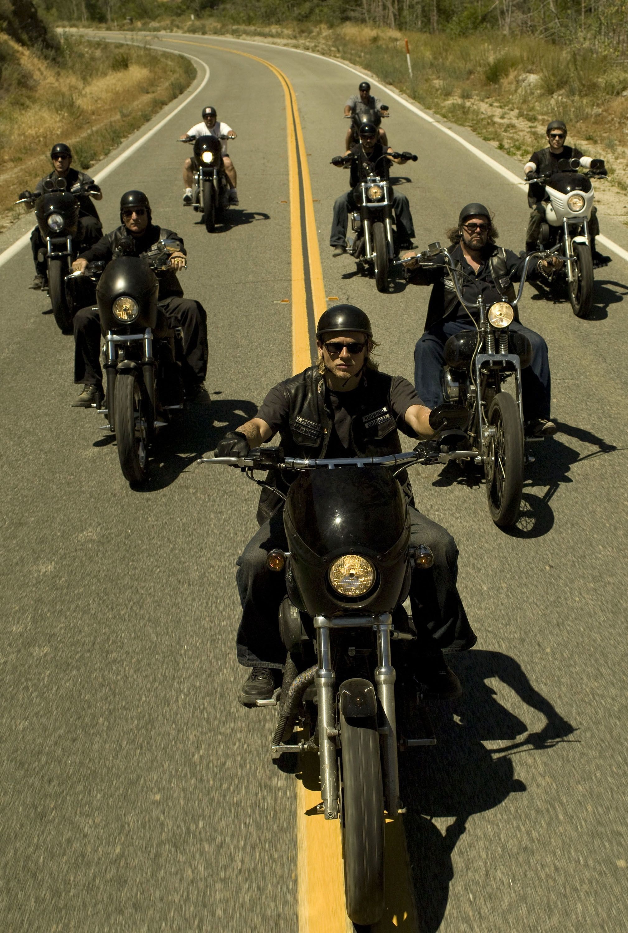Jax Teller, SAMCRO motorcycle club, Harley-Davidson Dyna motorcycles, Two-lane highway, HD Phone wallpaper