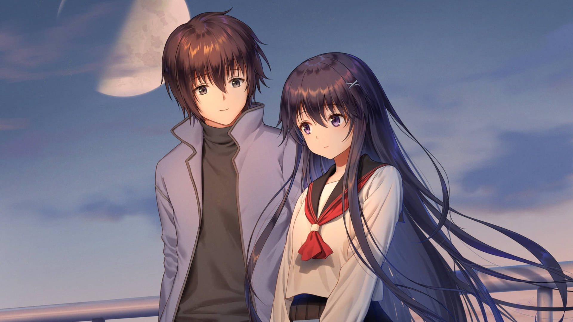 long-haired anime schoolgirl, brown-haired anime boy, twilight sky with moon, Full HD Desktop wallpaper