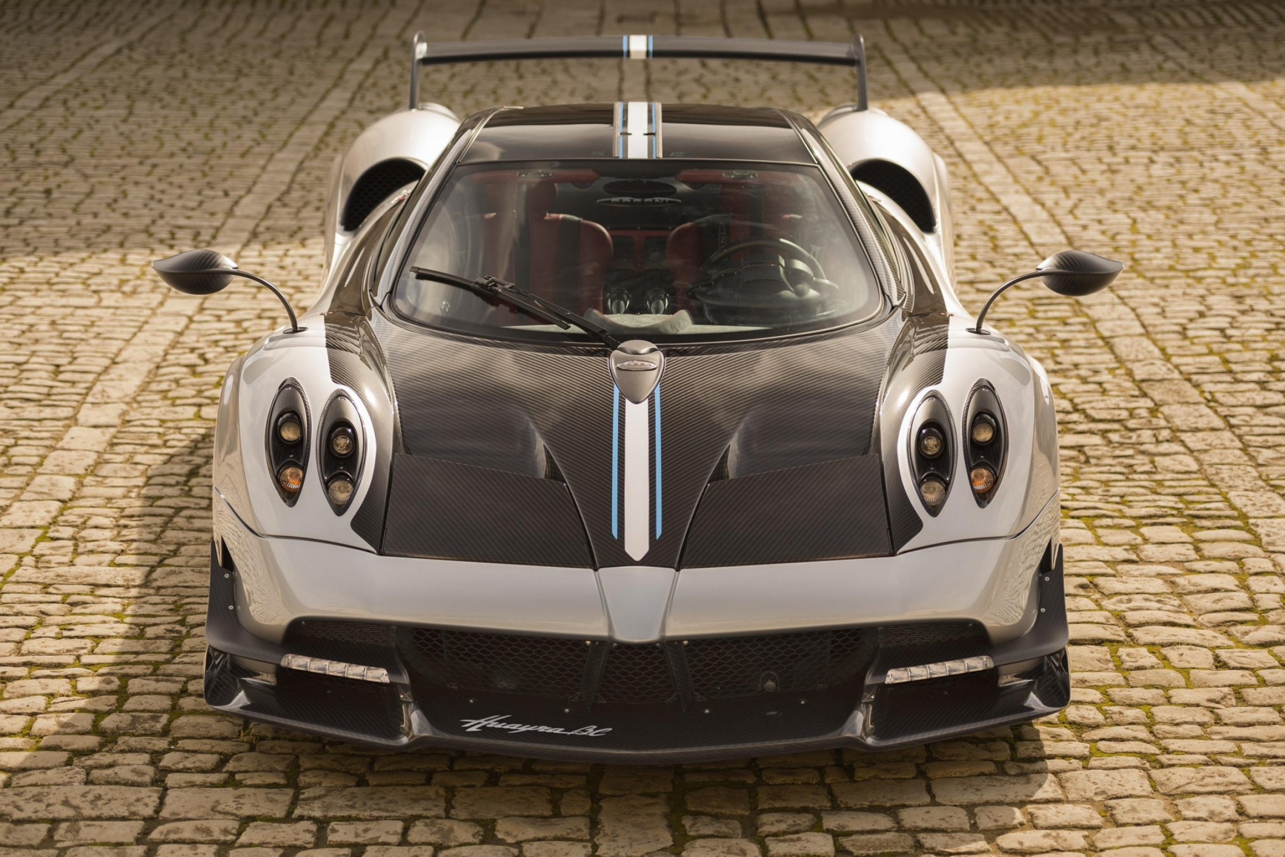 Pagani Huayra BC, Exposed carbon fiber hood, Cobblestone pavement courtyard, HD Desktop wallpaper